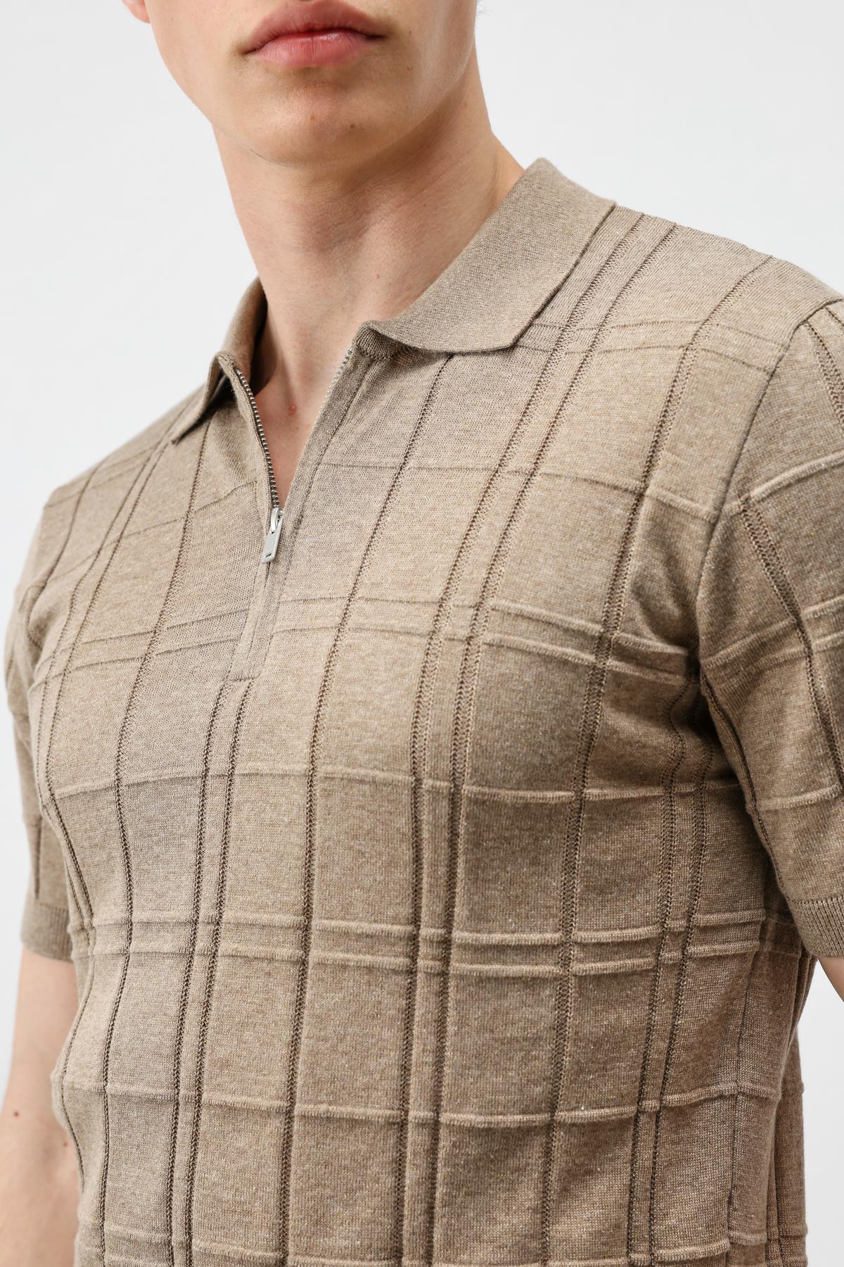 Antioch Bej Kareli Desenli Erkek Triko T-Shirt