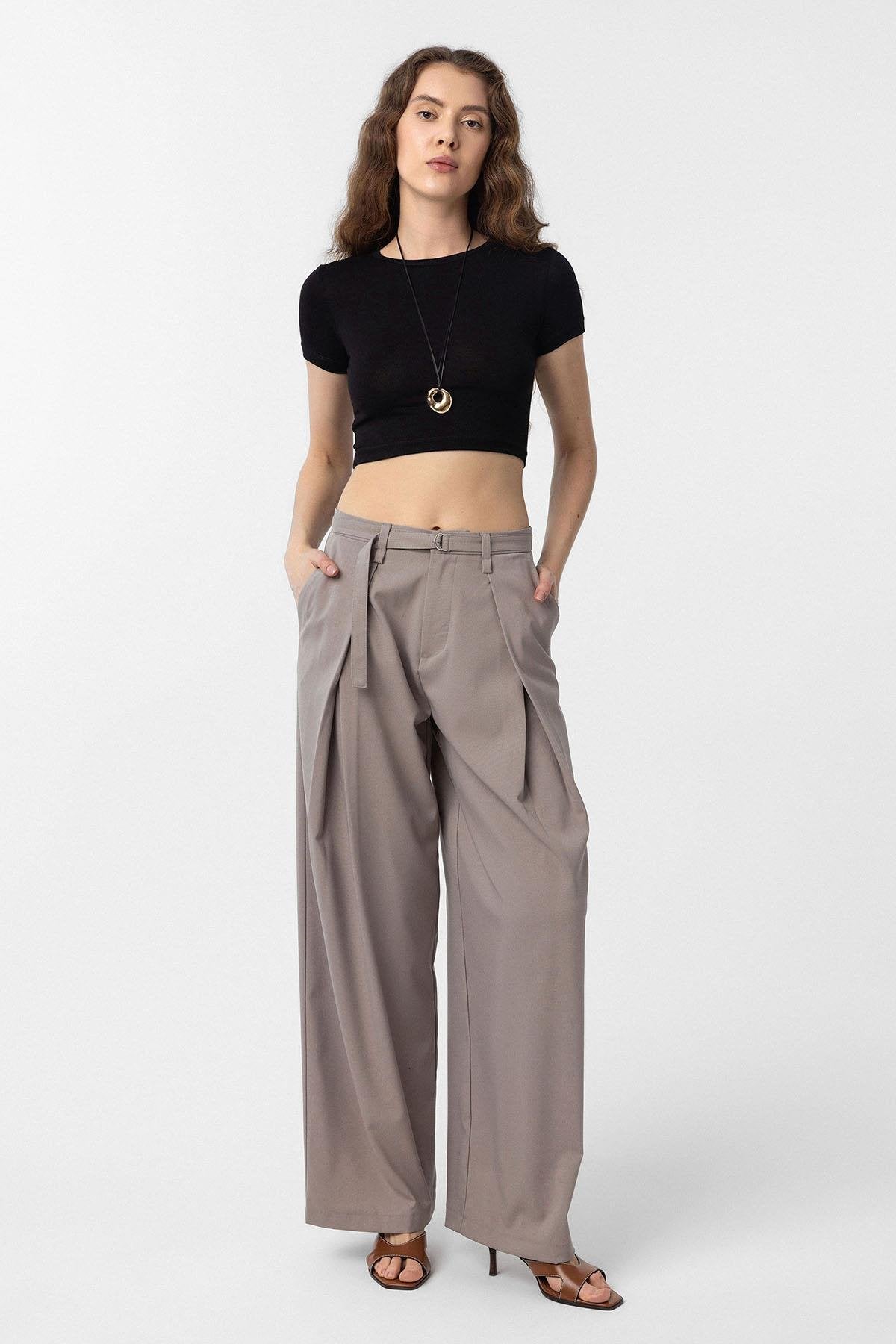 Antioch-Bej Kemerli Pilili Kadın Pantolon-Kumaş Pantolon-2-Milagron.com