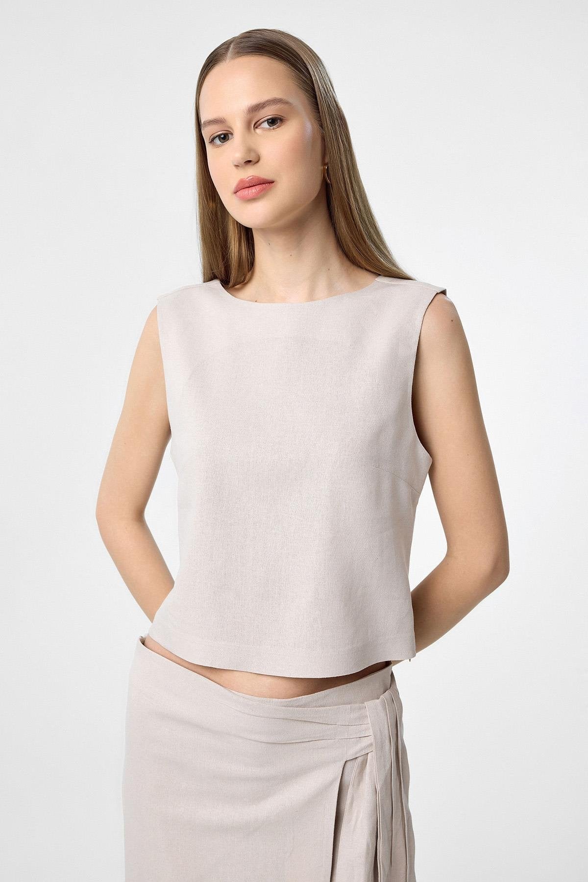 Antioch-Bej Keten Karışımlı Kadın Bluz-Bluz-1-Milagron.com