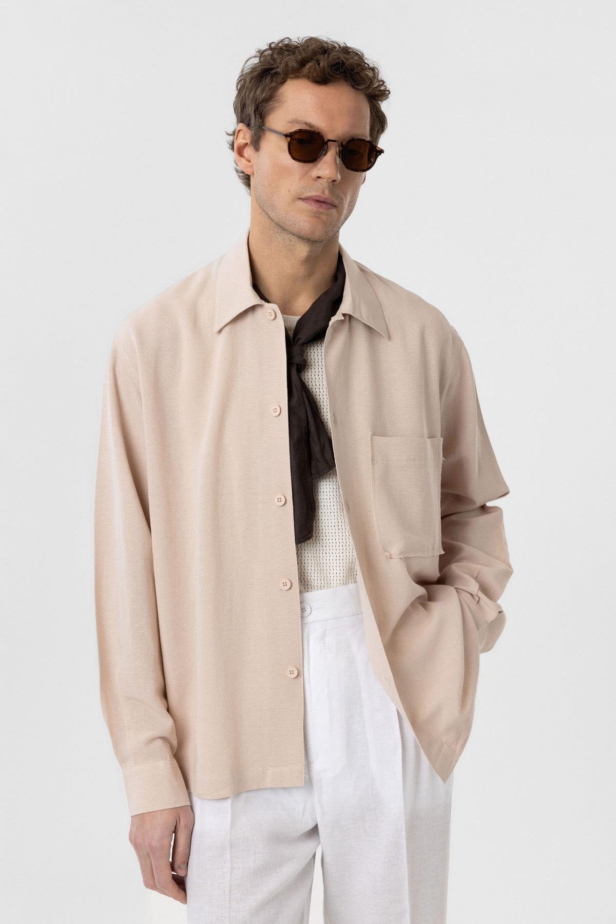 Antioch-Bej Keten Karışımlı Relaxed Erkek Gömlek-Gömlek-1-Milagron.com