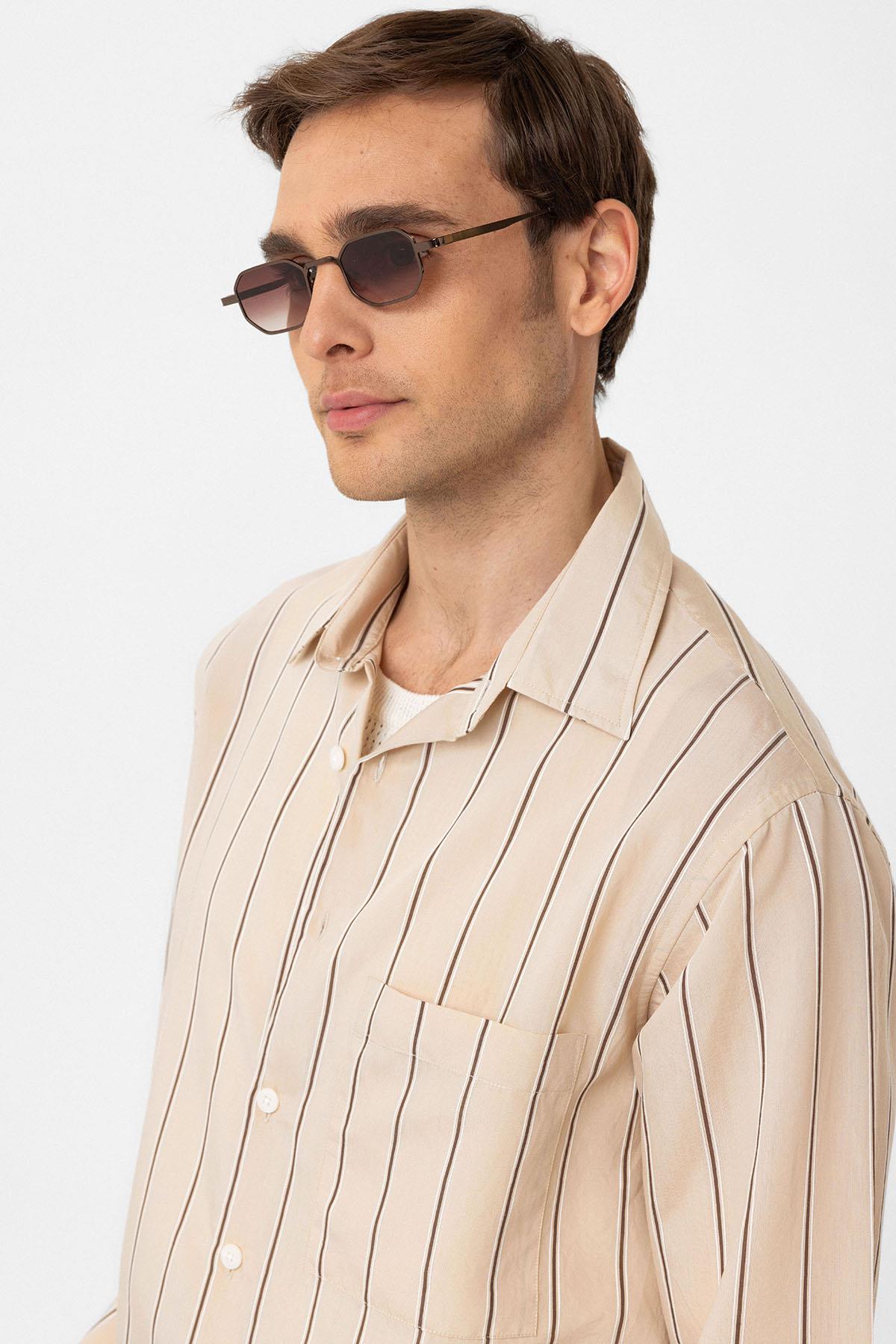 Antioch-Bej Kontrast çizgili Erkek Gömlek-Gömlek-3-Milagron.com