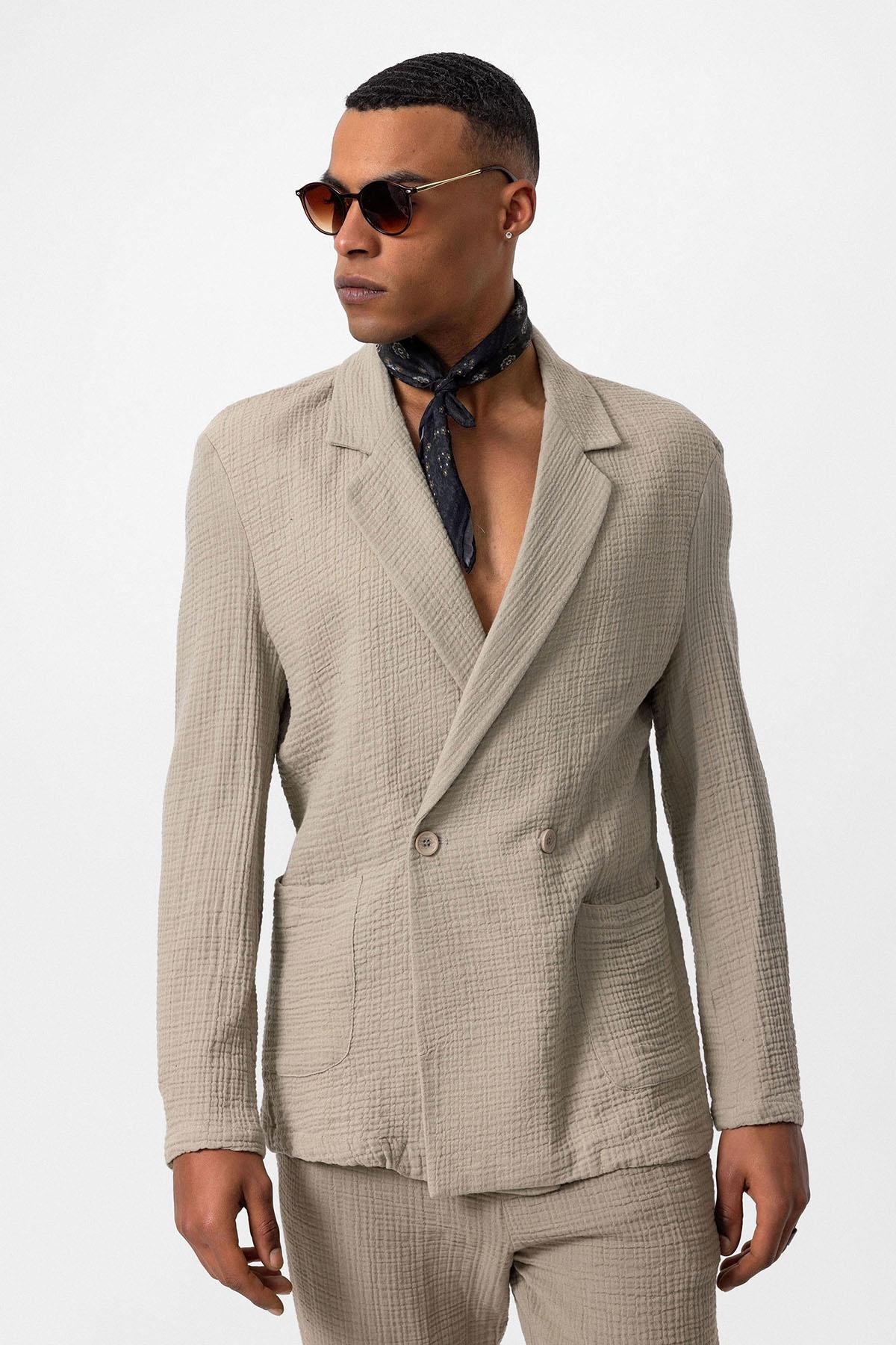 Antioch-Bej Kruvaze Kapama Astarsız Erkek Blazer Ceket-Ceket-1-Milagron.com