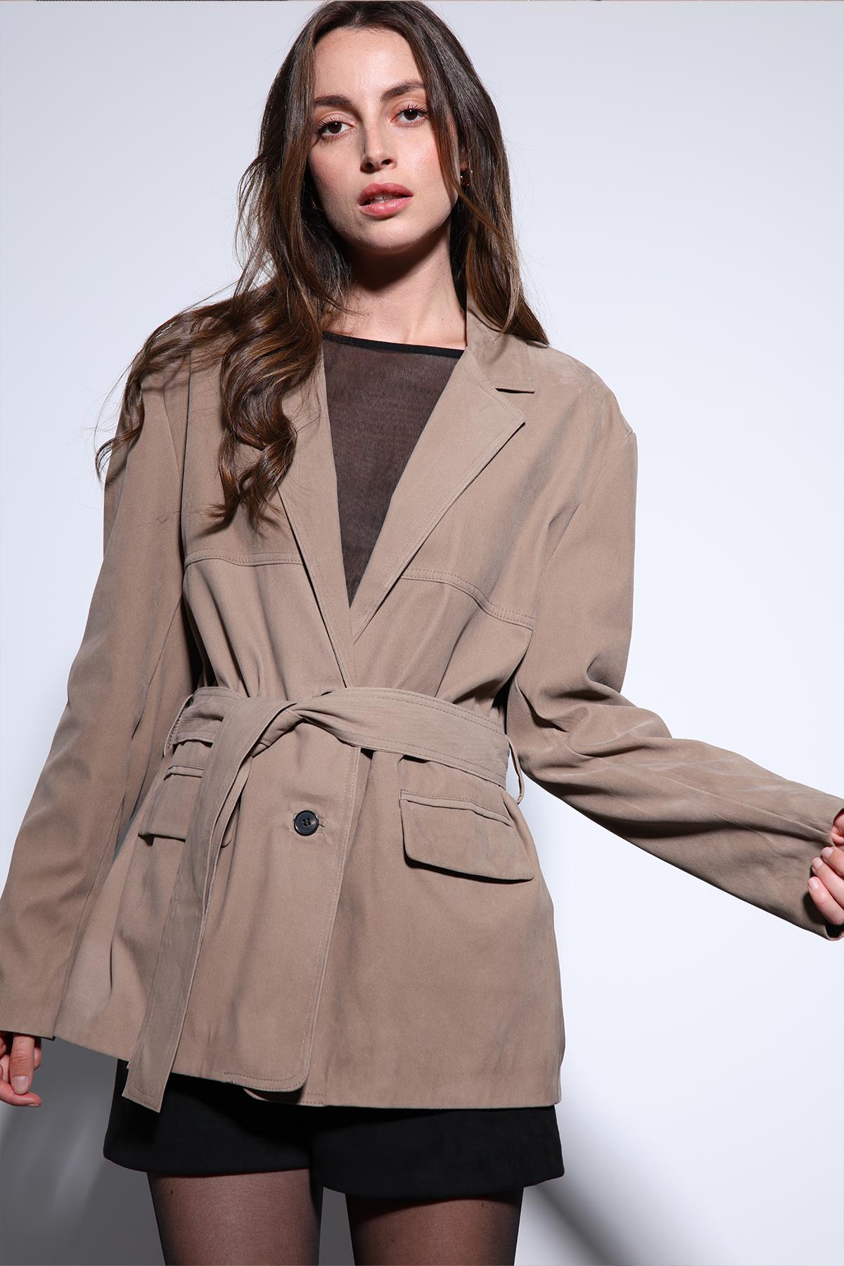 Antioch-Antioch Bej Kuşak Bağlamalı Süet Kadın Ceket-Ceket-2-Milagron.com