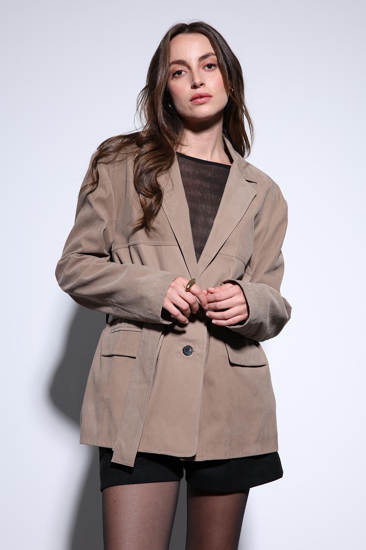 Antioch-Antioch Bej Kuşak Bağlamalı Süet Kadın Ceket-Ceket-5-Milagron.com