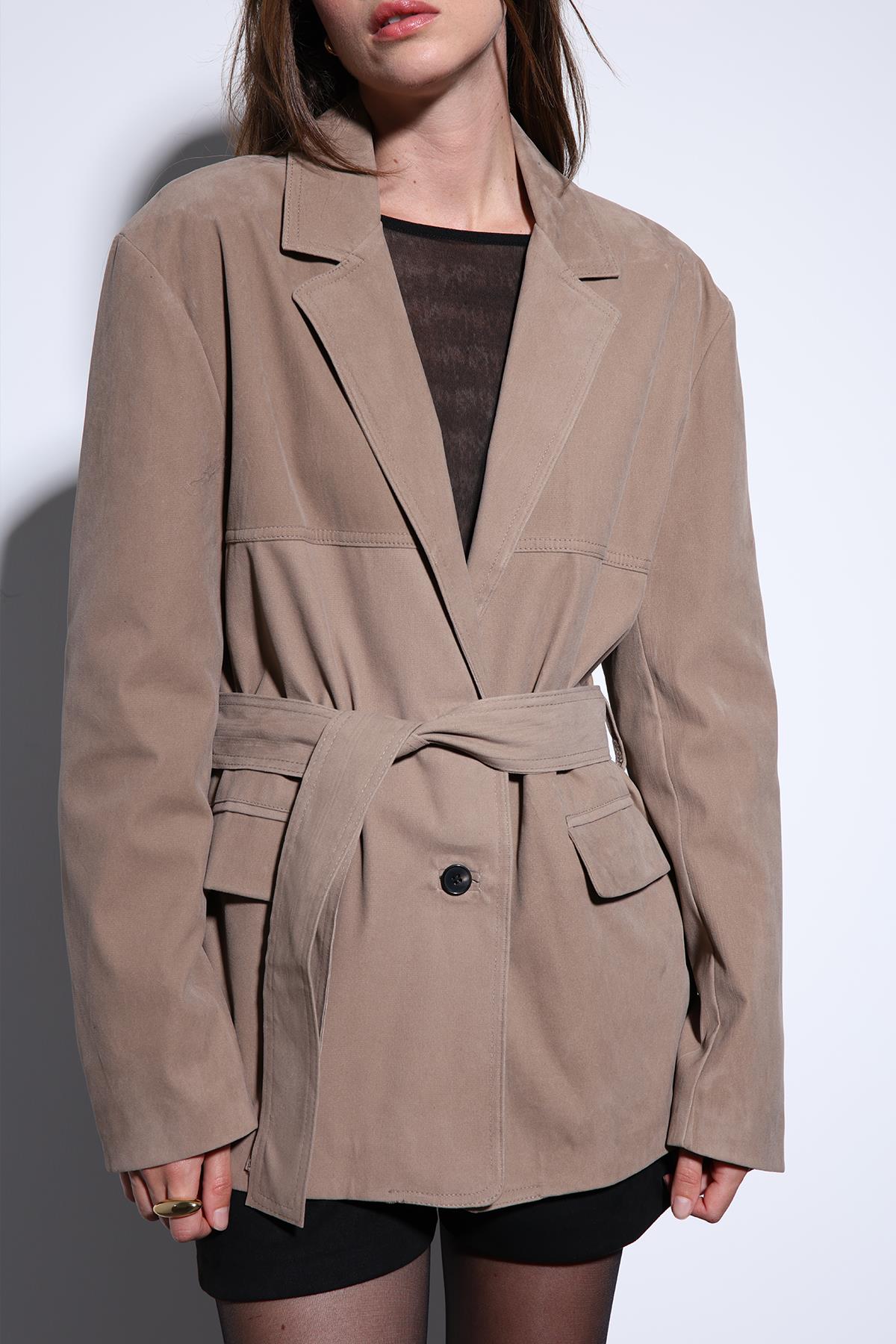 Antioch-Antioch Bej Kuşak Bağlamalı Süet Kadın Ceket-Ceket-6-Milagron.com