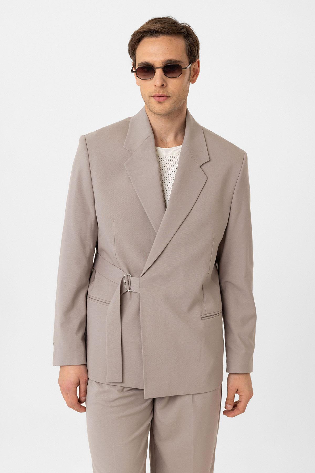 Antioch-Bej Kuşaklı Relax Fit Erkek Blazer Ceket-Blazer Ceket-1-Milagron.com