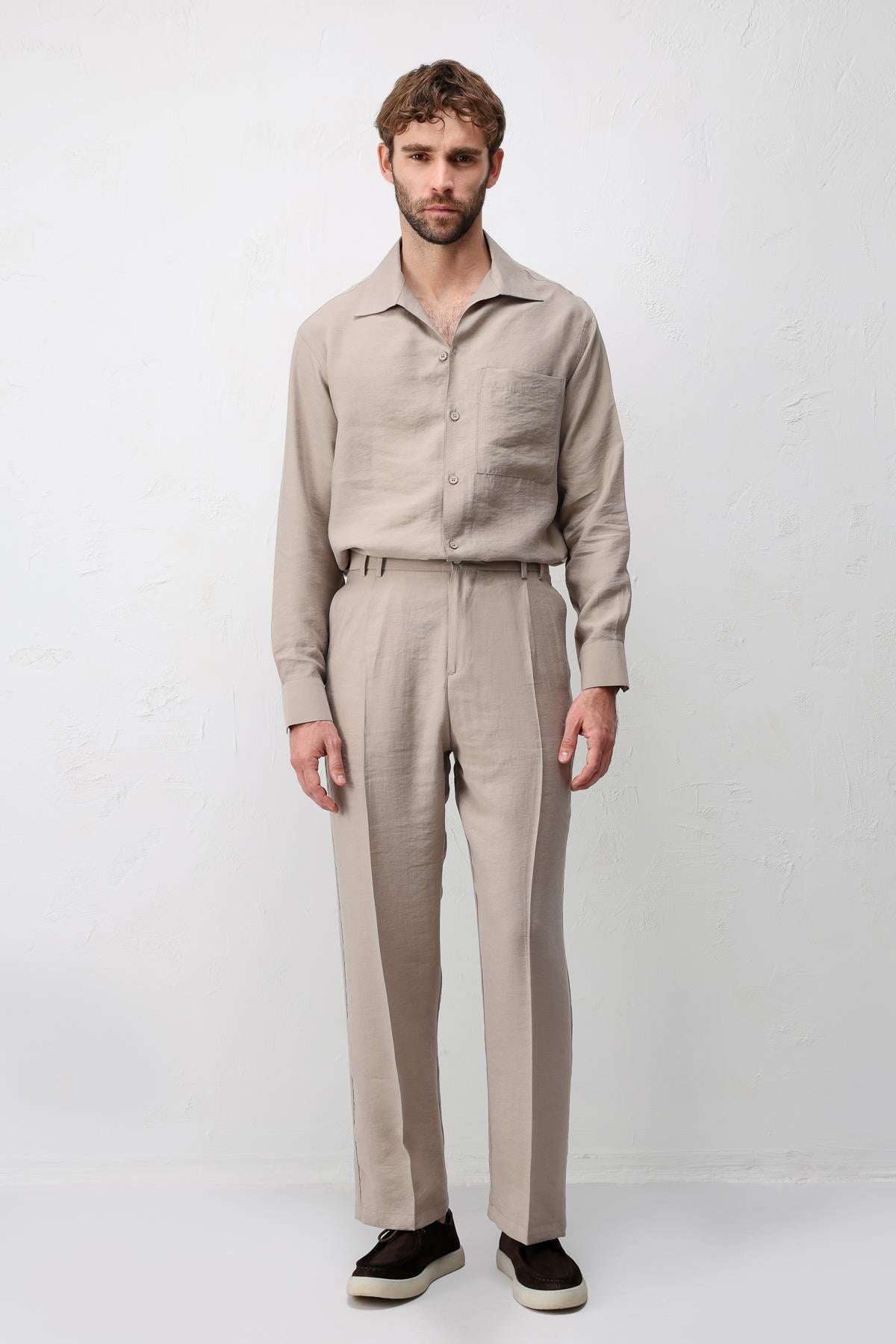 Antioch Bej Lyocell Relaxed Fit Pileli Erkek Pantolon