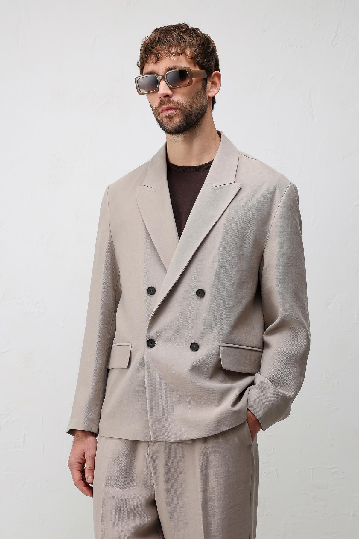 Antioch Bej Modal Karışımlı Relaxed Fit Erkek Blazer Ceket