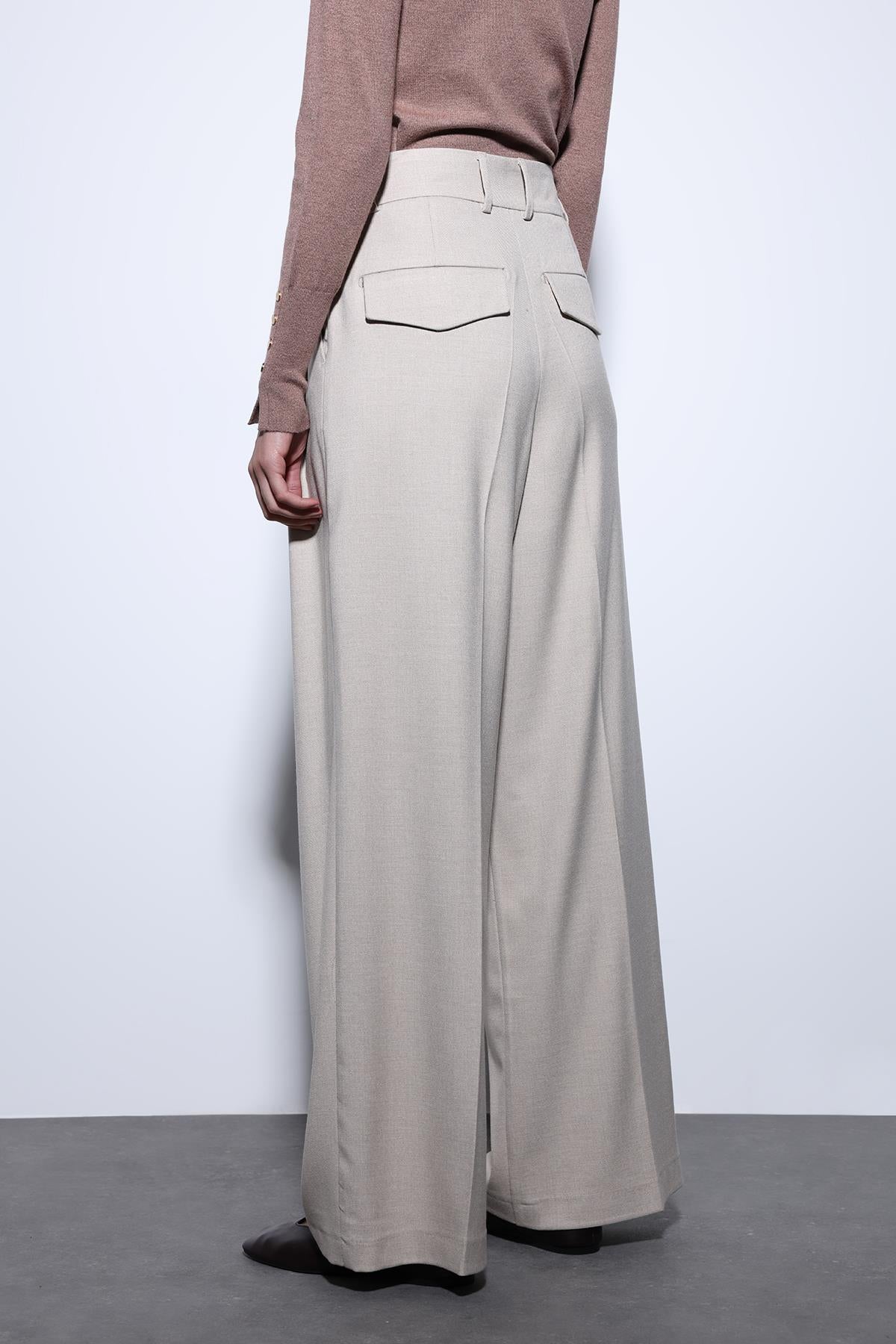 Antioch-Bej Pileli Palazzo Kadın Pantolon-Kumaş Pantolon-6-Milagron.com