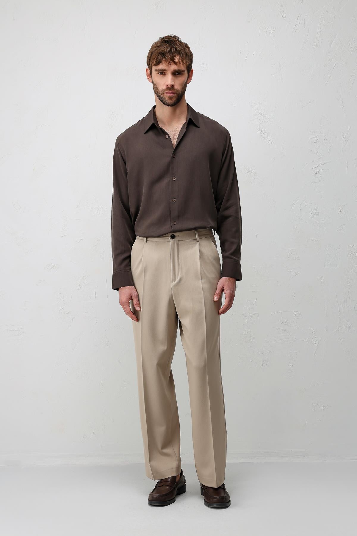 Antioch Bej Relax Fit Pilili Erkek Pantolon