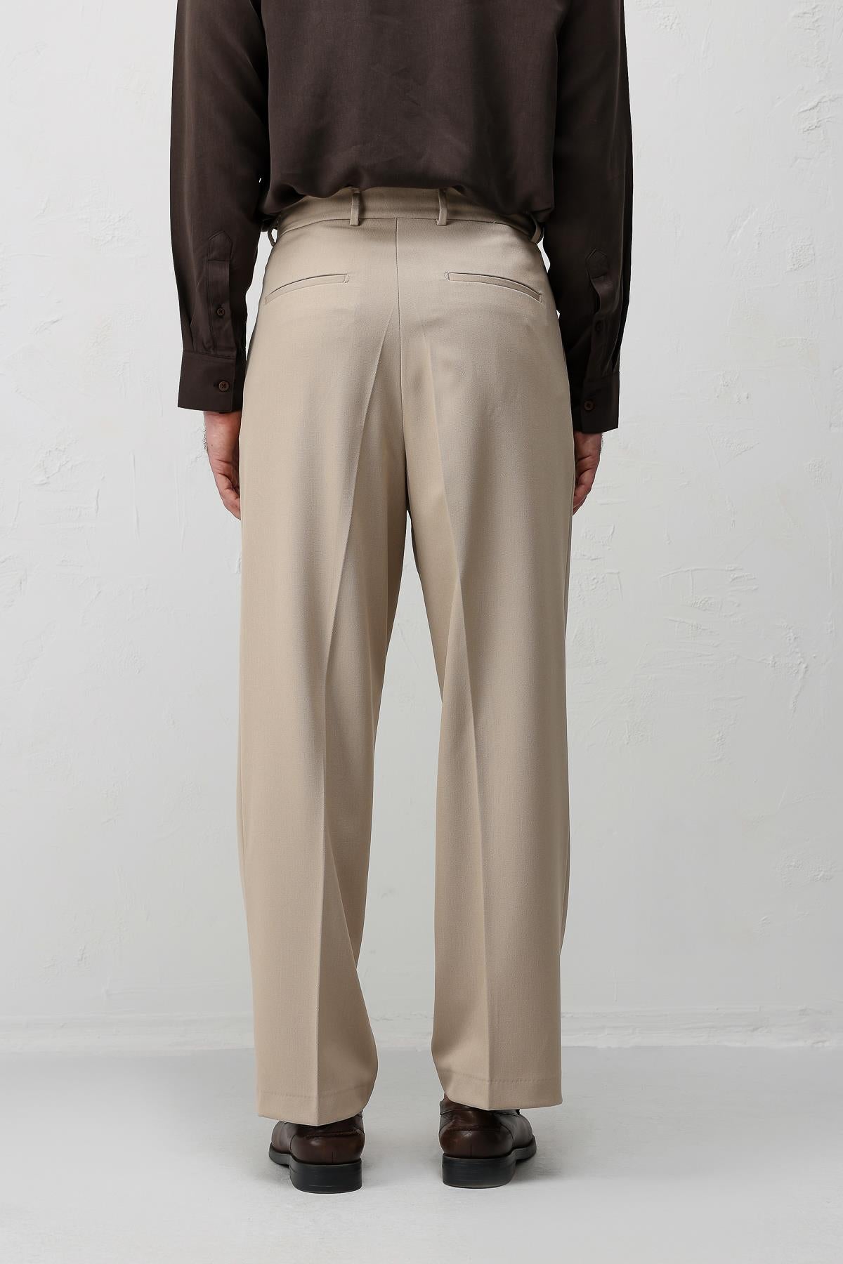 Antioch Bej Relax Fit Pilili Erkek Pantolon