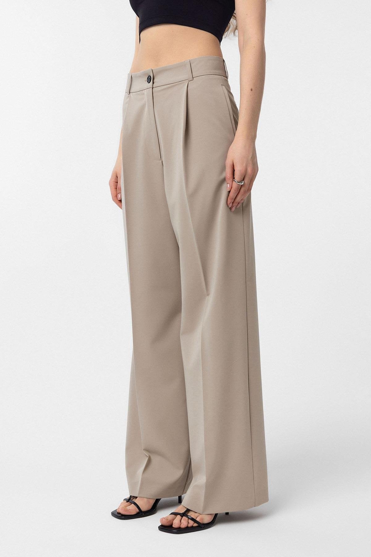 Antioch-Bej Pilili Kadın Pantolon-Kumaş Pantolon-1-Milagron.com