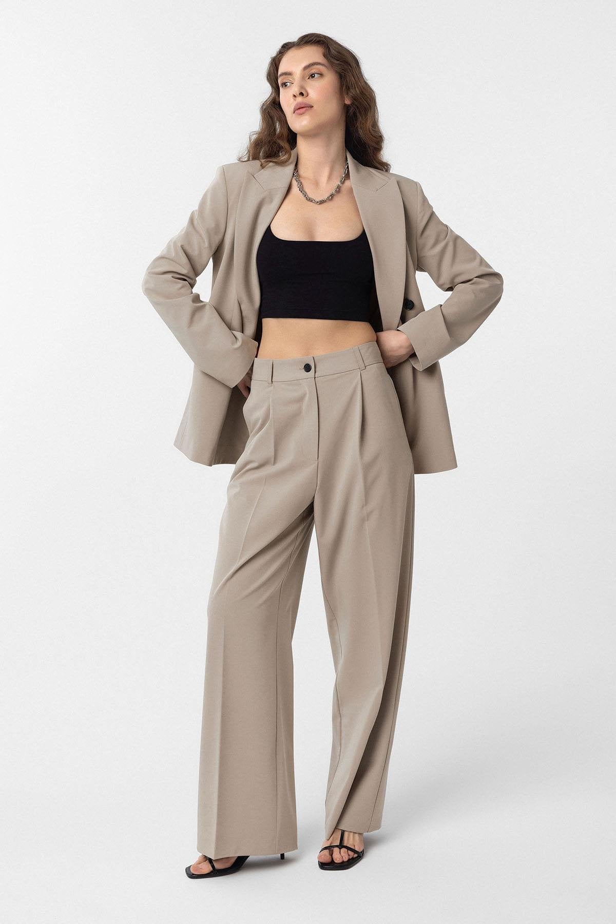 Antioch-Bej Pilili Kadın Pantolon-Kumaş Pantolon-2-Milagron.com