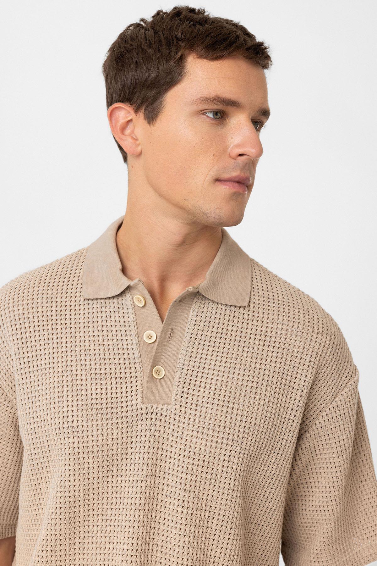 Antioch-Bej Polo Yaka Dokulu Relaxed Erkek T Shirt-T-Shirts-4-Milagron.com