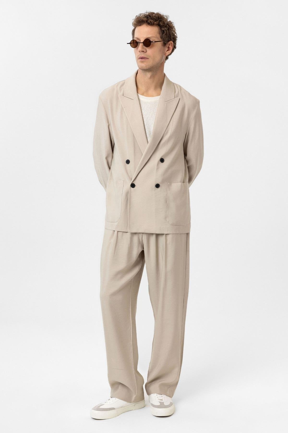 Antioch-Bej Relax Fit Diagonel İnce Erkek Blazer Ceket-Blazer Ceket-2-Milagron.com