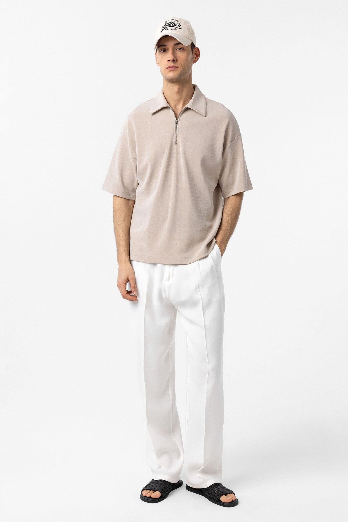 Antioch-Bej Relax Fit Fermuarlı Polo Yaka Erkek T Shirt-T-Shirts-2-Milagron.com