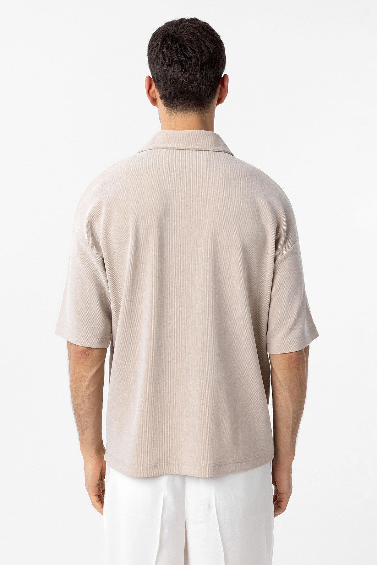 Antioch-Bej Relax Fit Fermuarlı Polo Yaka Erkek T Shirt-T-Shirts-5-Milagron.com