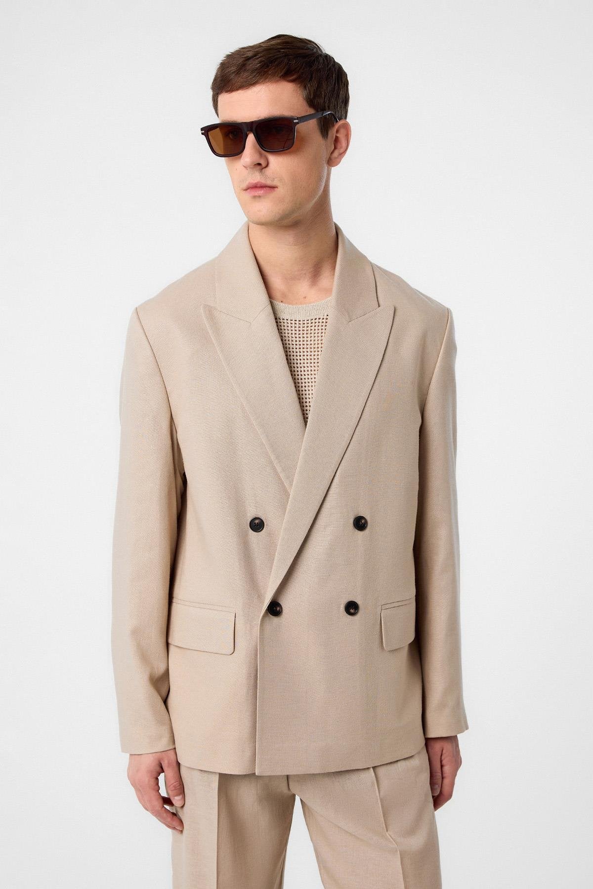 Antioch-Bej Relax Fit Keten Karışımlı Erkek Blazer Ceket-Blazer Ceket-1-Milagron.com