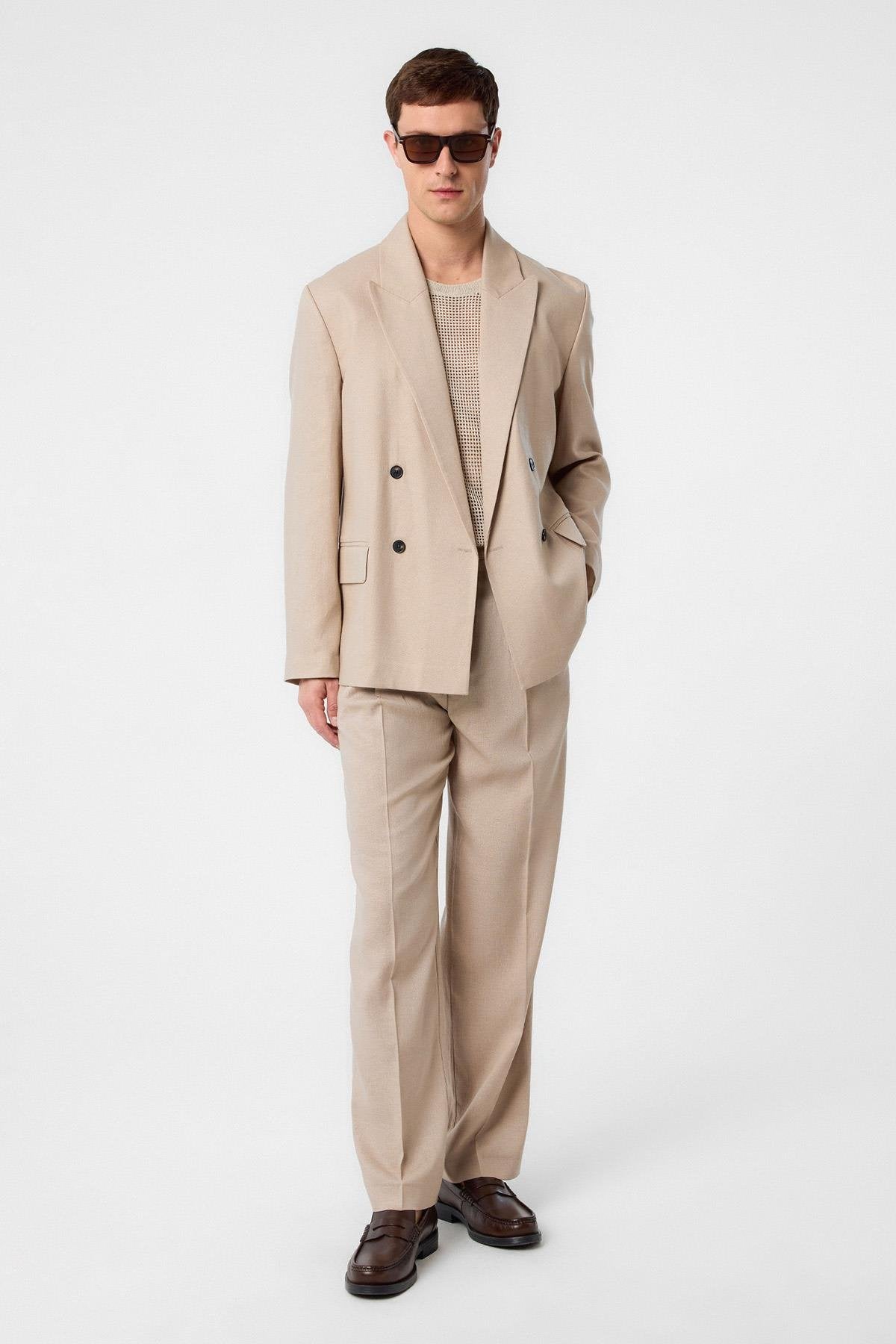 Antioch-Bej Relax Fit Keten Karışımlı Erkek Blazer Ceket-Blazer Ceket-2-Milagron.com