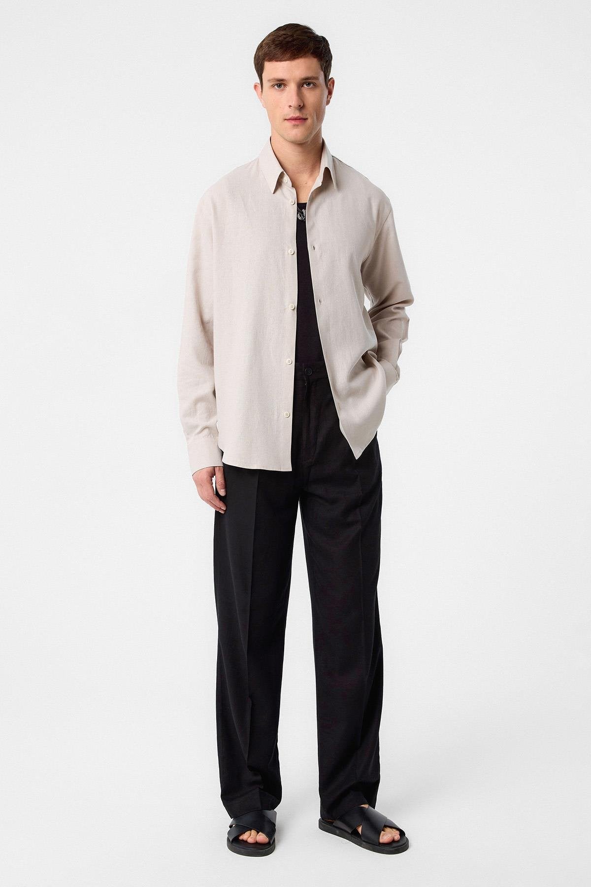 Antioch-Bej Relax Fit Keten Karışımlı Erkek Gömlek-Gömlek-3-Milagron.com