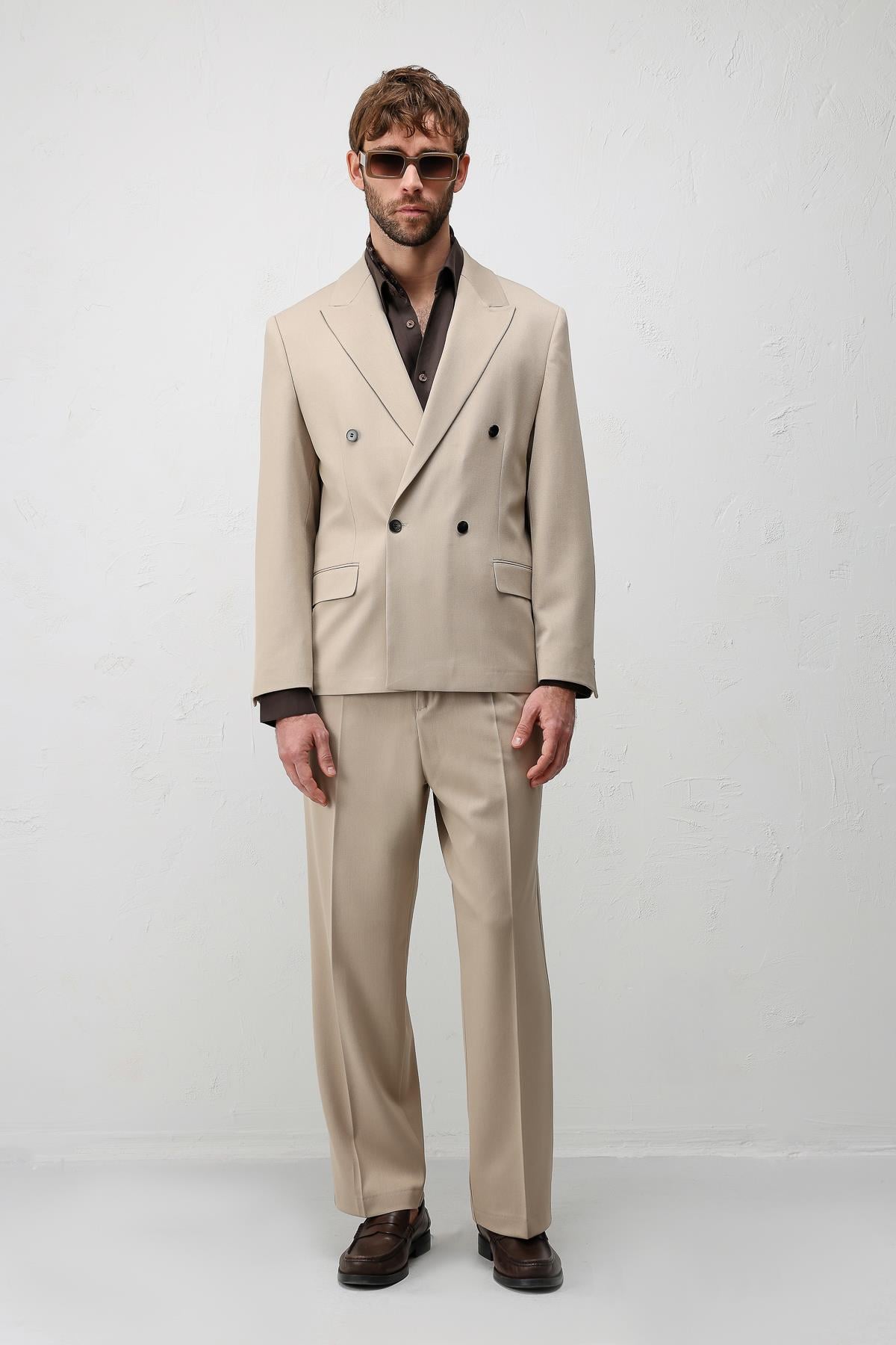 Antioch Bej Relax Fit Kruvaze Erkek Blazer Ceket