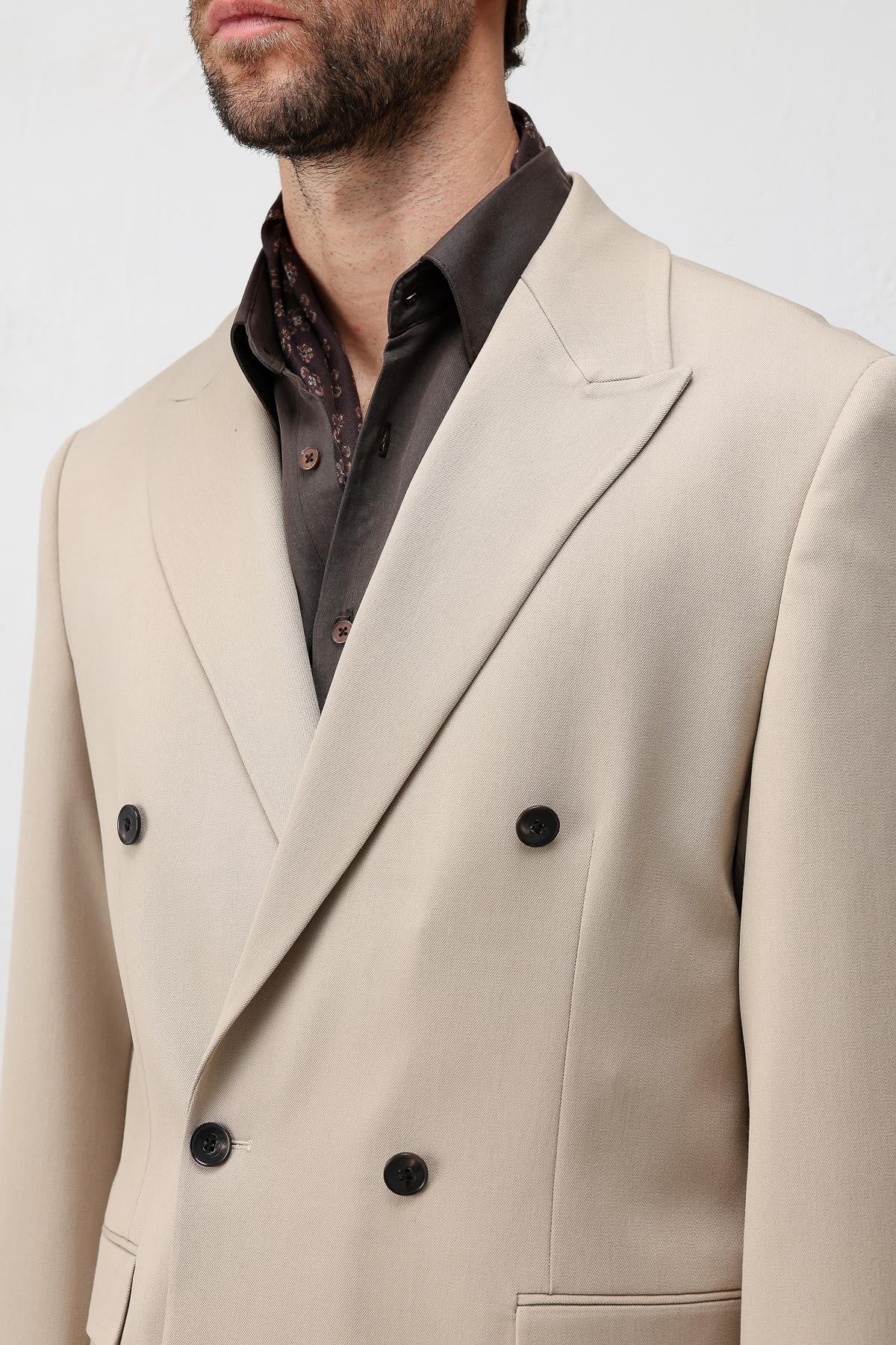 Antioch Bej Relax Fit Kruvaze Erkek Blazer Ceket