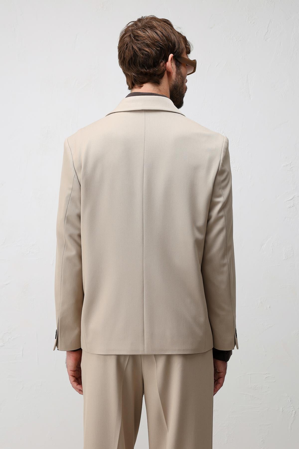 Antioch Bej Relax Fit Kruvaze Erkek Blazer Ceket