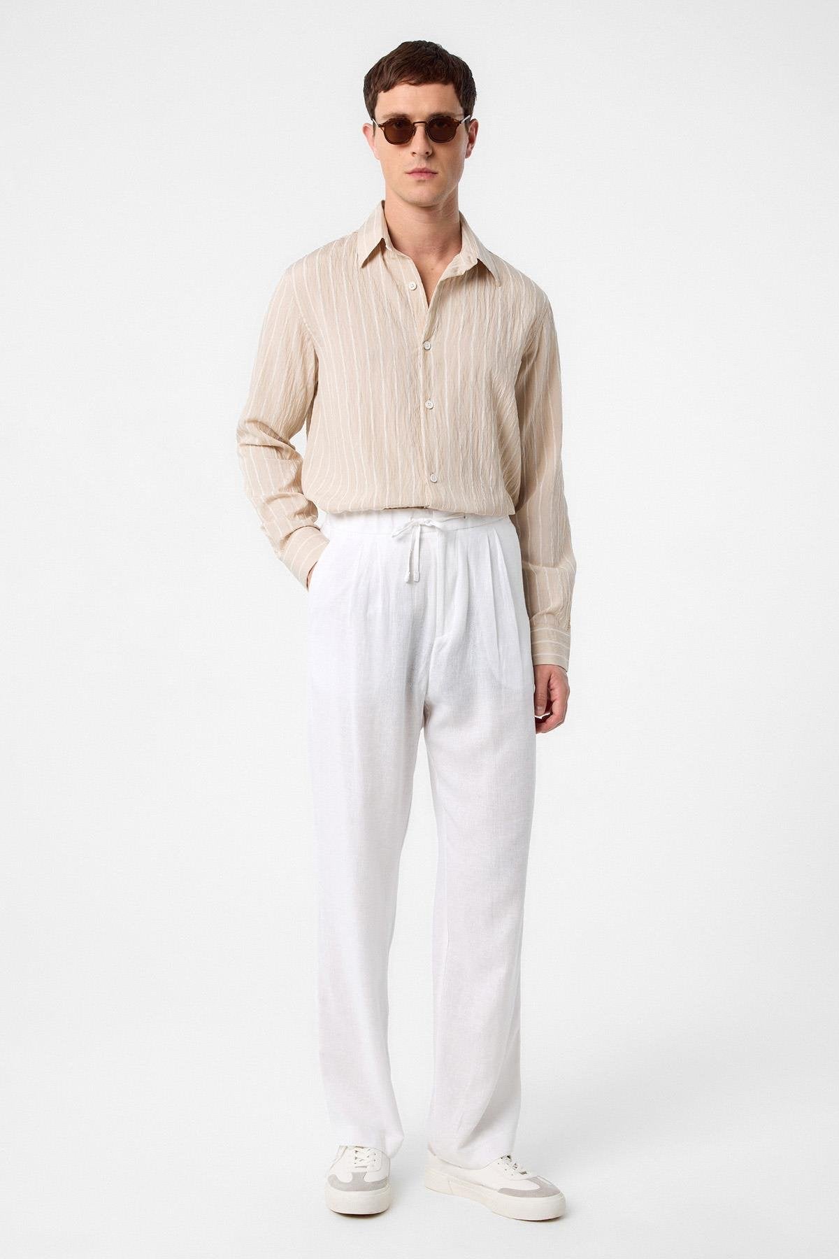 Antioch-Bej Relax Fit çizgili Erkek Gömlek-Gömlek-2-Milagron.com