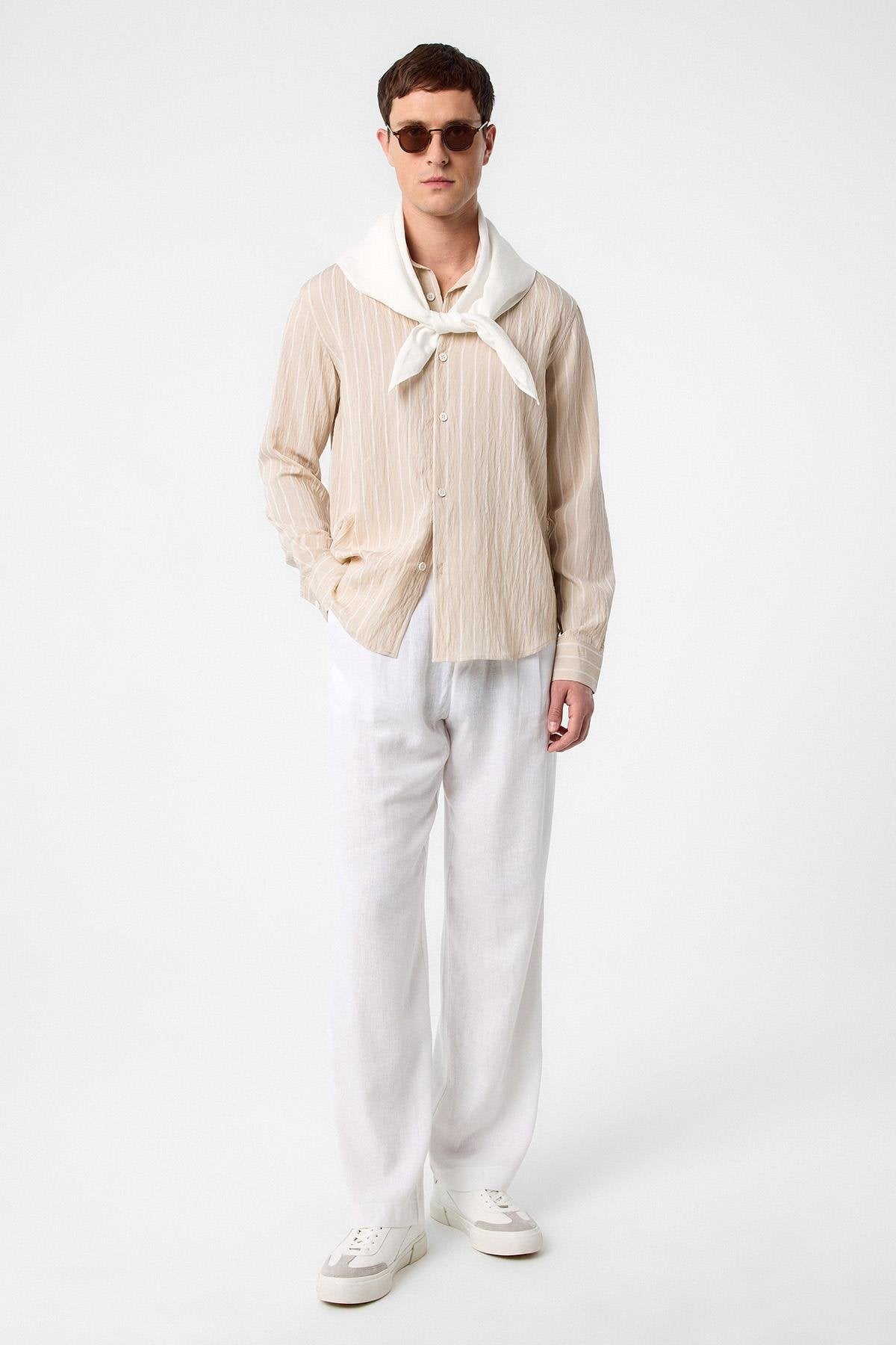 Antioch-Bej Relax Fit çizgili Erkek Gömlek-Gömlek-3-Milagron.com