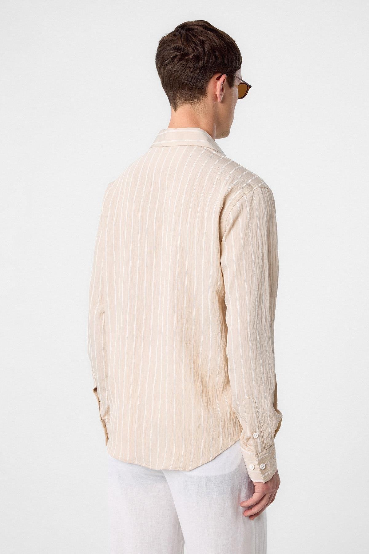 Antioch-Bej Relax Fit çizgili Erkek Gömlek-Gömlek-5-Milagron.com