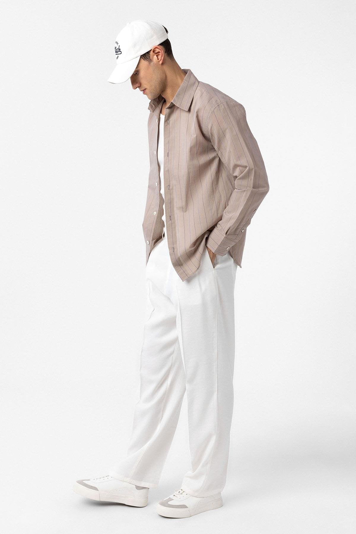 Antioch-Bej Relaxed Çizgili Erkek Gömlek-Gömlek-3-Milagron.com