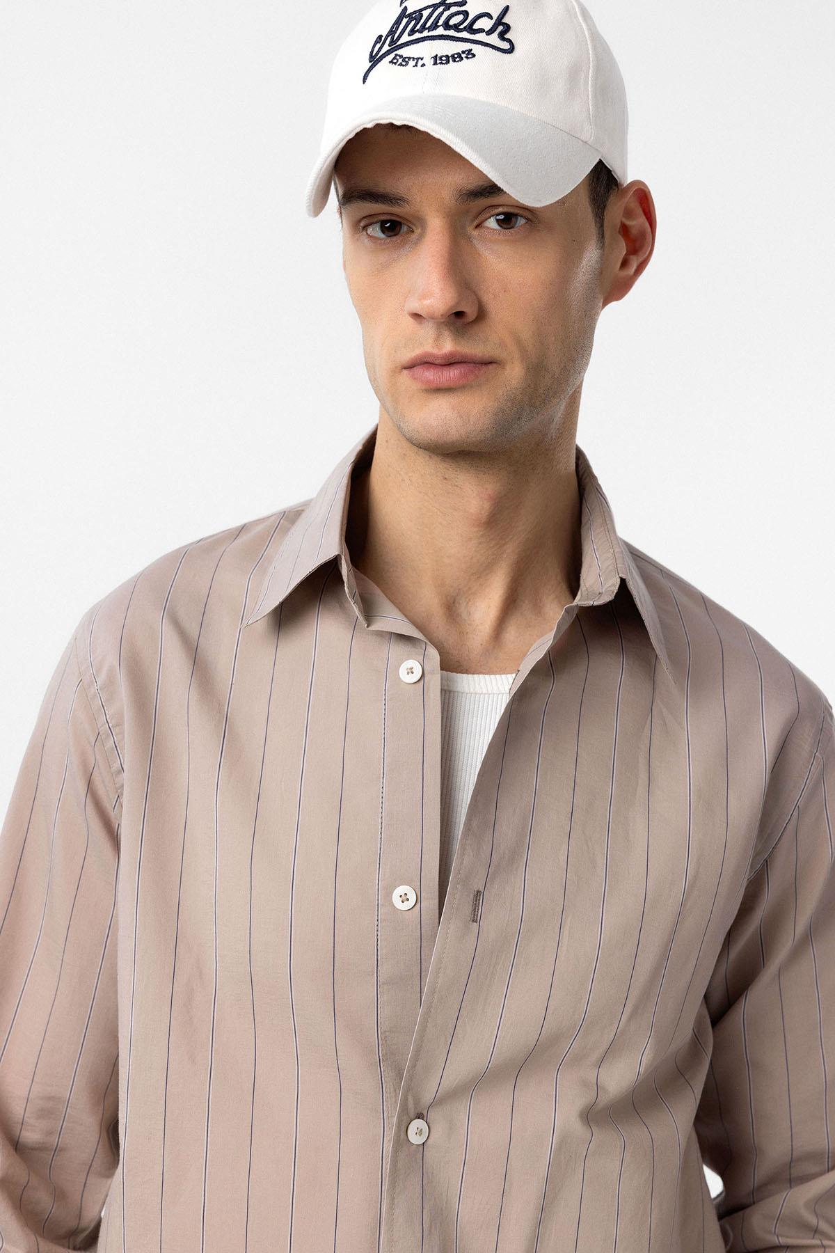 Antioch-Bej Relaxed Çizgili Erkek Gömlek-Gömlek-4-Milagron.com