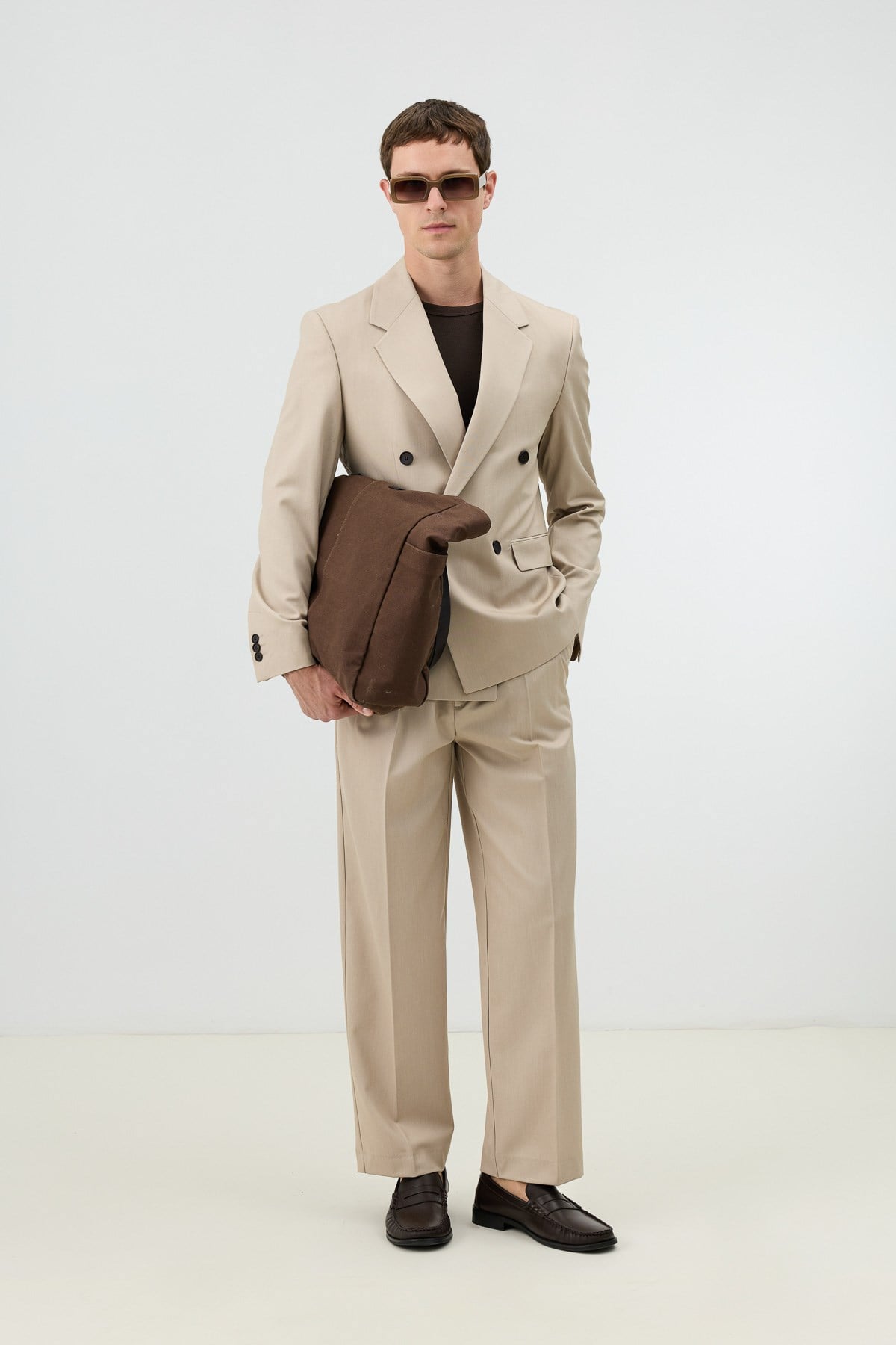 Antioch Bej Relaxed Kruvaze Erkek Blazer Ceket