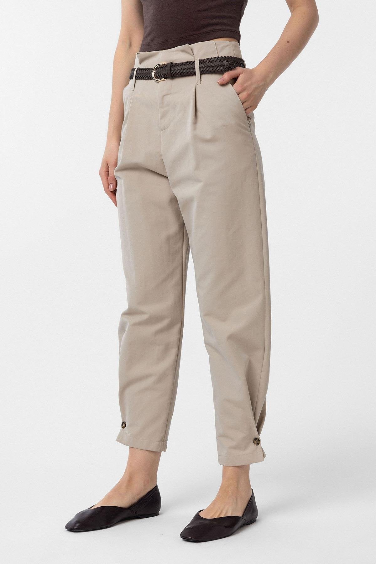 Antioch-Bej Yüksek Bel Paçası Düğmeli Fit Kadın Pantolon-Kumaş Pantolon-1-Milagron.com
