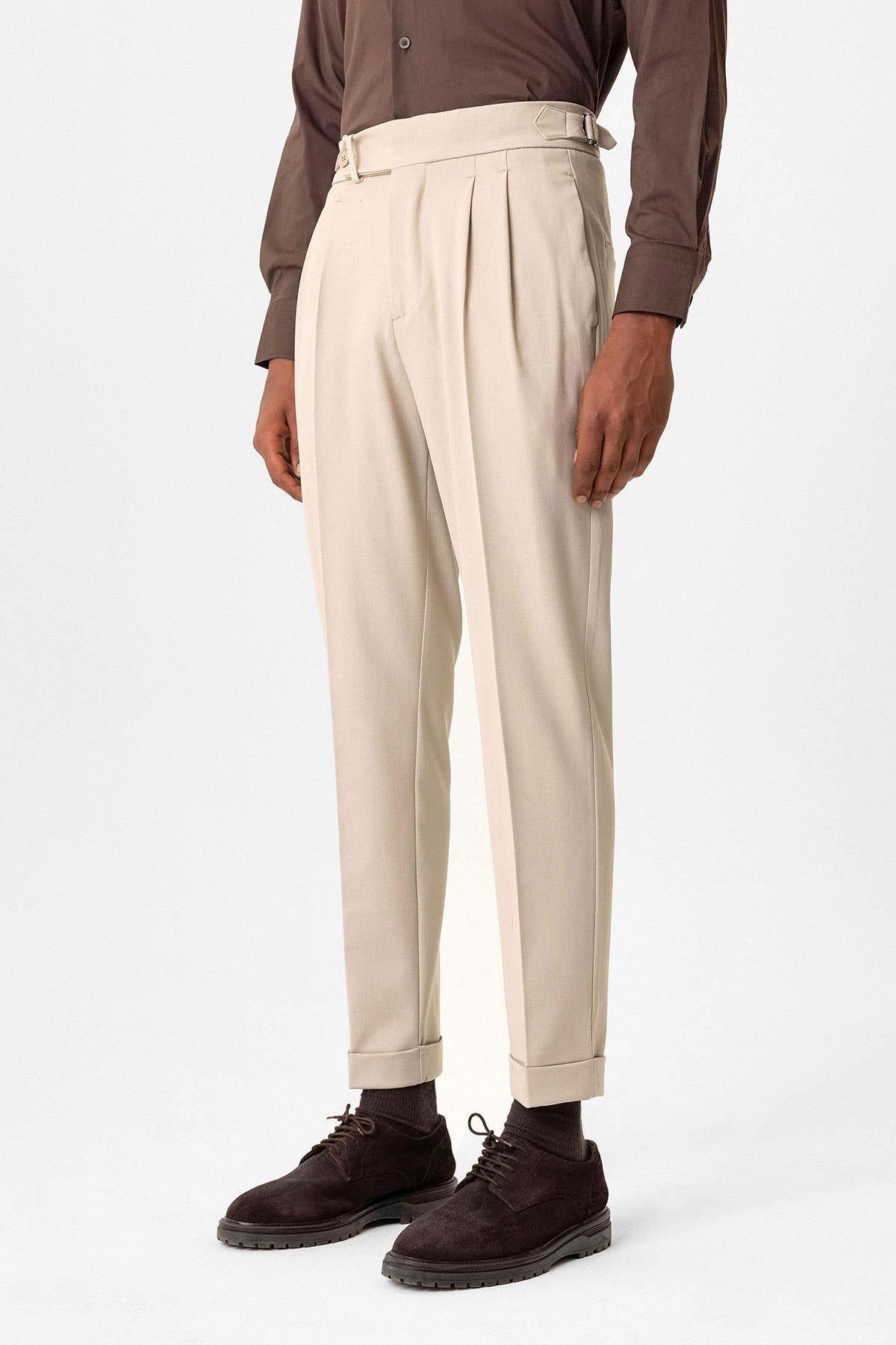 Antioch-Bej Yüksek Bel Pileli Carrot Fit Erkek Pantolon-Pantolon-2-Milagron.com