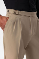 Antioch-Bej Yüksek Bel Toka Kapama Pileli Erkek Pantolon-Pantolon-4-Milagron.com