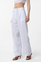 Antioch-Beyaz 100% Keten Yüksek Bel Pilili Kadın Pantolon-Kumaş Pantolon-2-Milagron.com