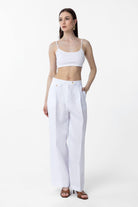 Antioch-Beyaz 100% Keten Yüksek Bel Pilili Kadın Pantolon-Kumaş Pantolon-3-Milagron.com