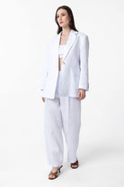 Antioch-Beyaz 100% Keten Yüksek Bel Pilili Kadın Pantolon-Kumaş Pantolon-4-Milagron.com