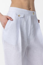 Antioch-Beyaz 100% Keten Yüksek Bel Pilili Kadın Pantolon-Kumaş Pantolon-5-Milagron.com