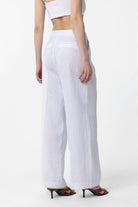 Antioch-Beyaz 100% Keten Yüksek Bel Pilili Kadın Pantolon-Kumaş Pantolon-6-Milagron.com