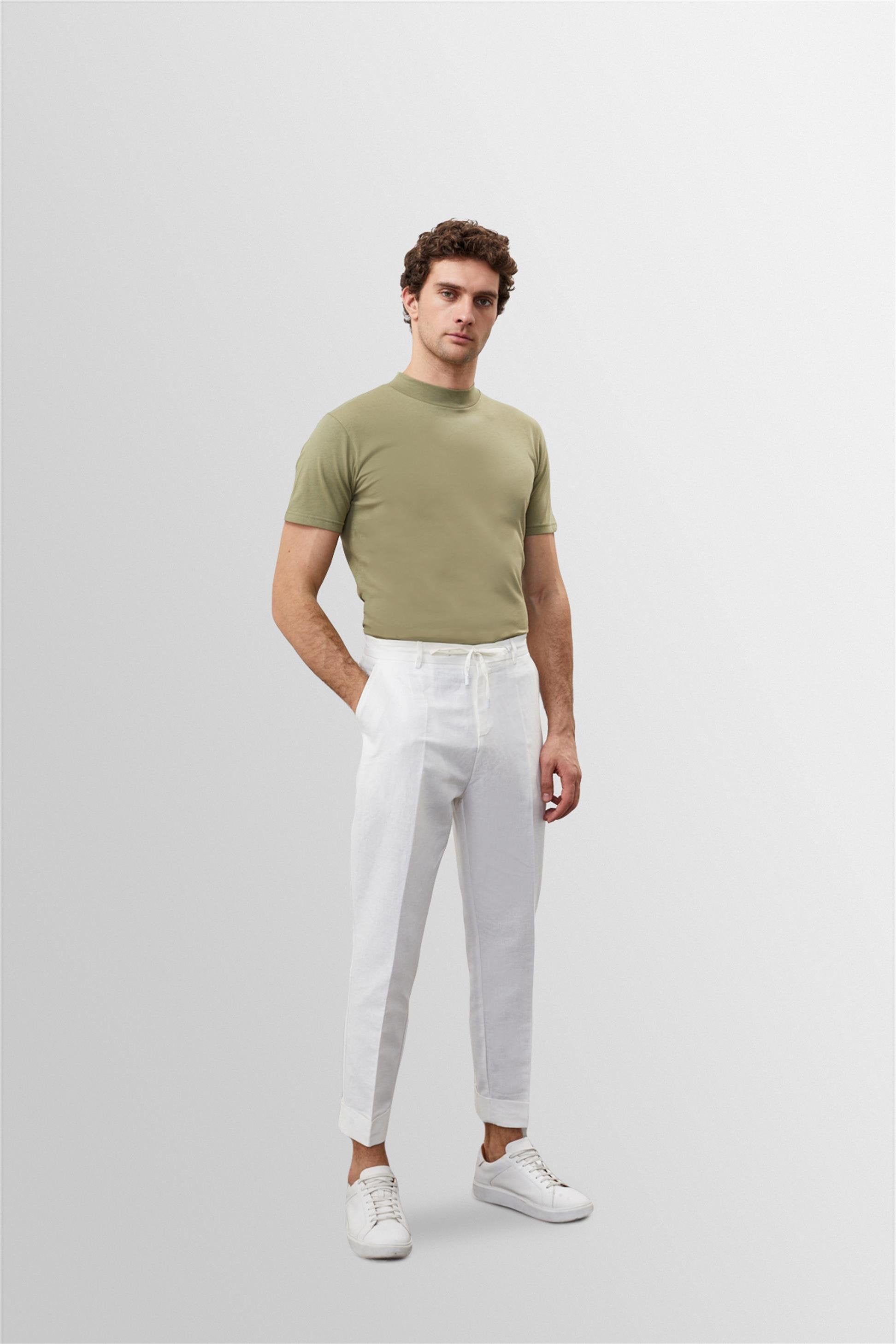 Antioch-Beyaz Beli Bağlamalı Yüksek Bel %100 Keten Erkek Pantolon-Kumaş Pantolon-1-Milagron.com