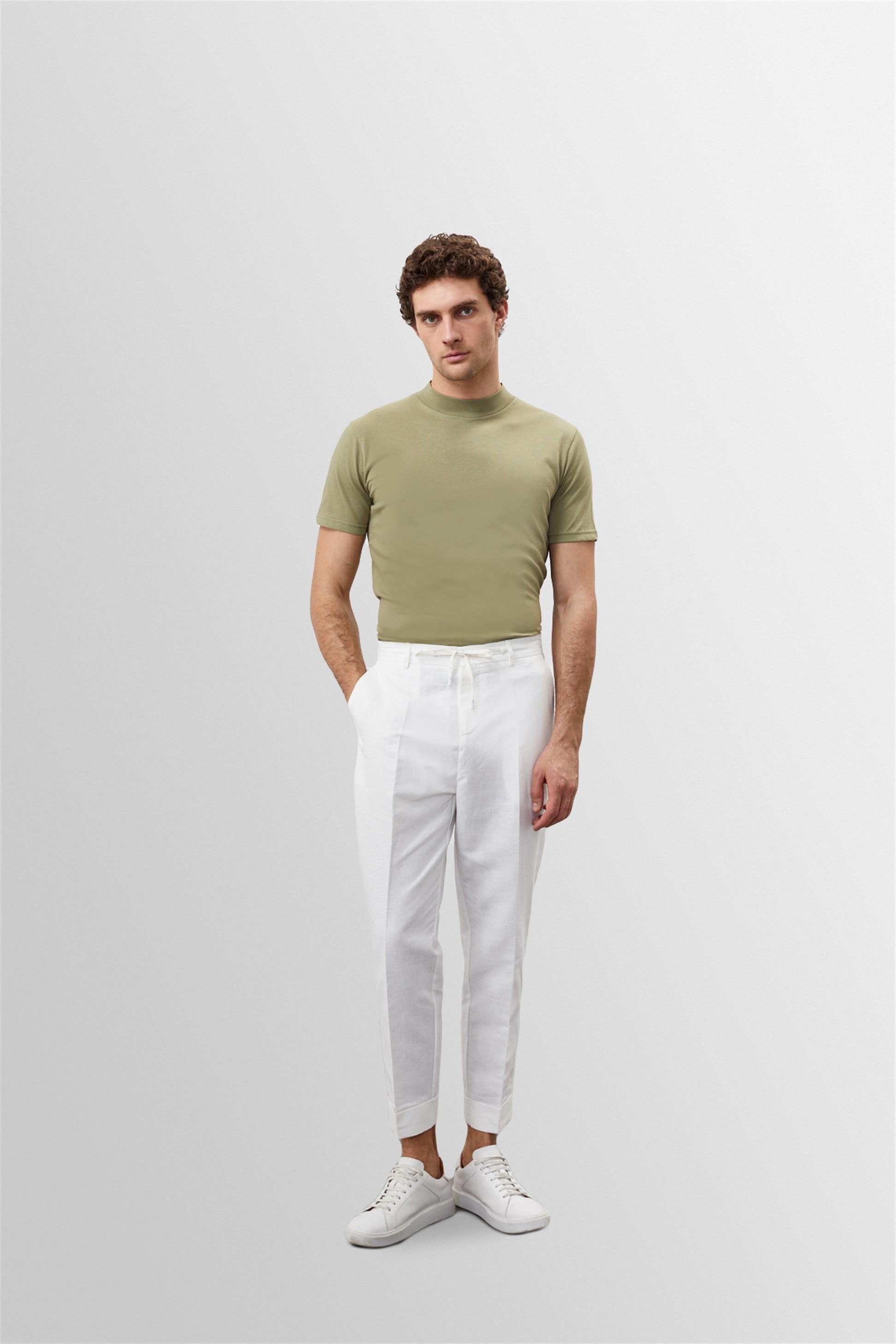 Antioch-Beyaz Beli Bağlamalı Yüksek Bel %100 Keten Erkek Pantolon-Kumaş Pantolon-2-Milagron.com