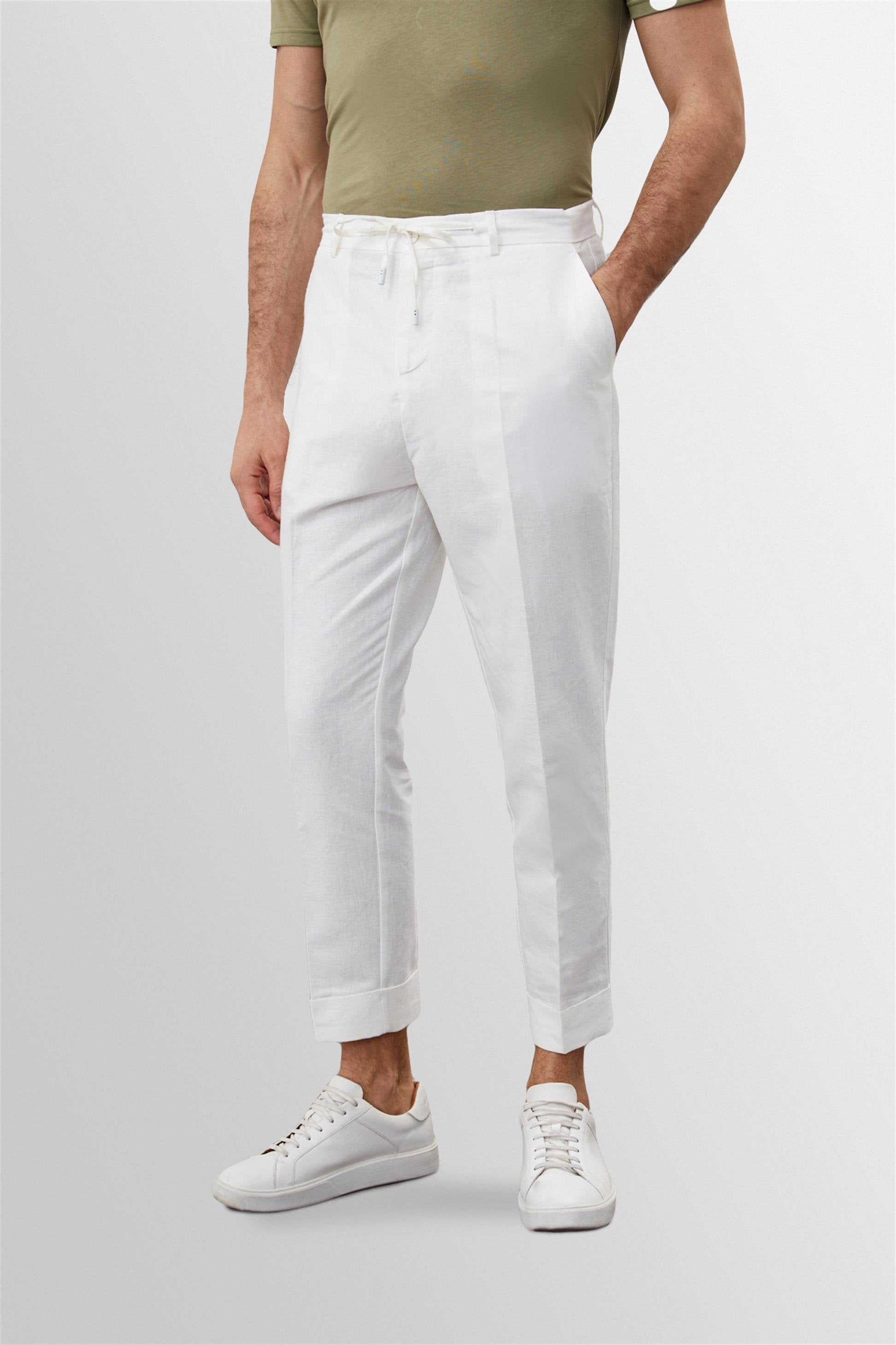 Antioch-Beyaz Beli Bağlamalı Yüksek Bel %100 Keten Erkek Pantolon-Kumaş Pantolon-3-Milagron.com