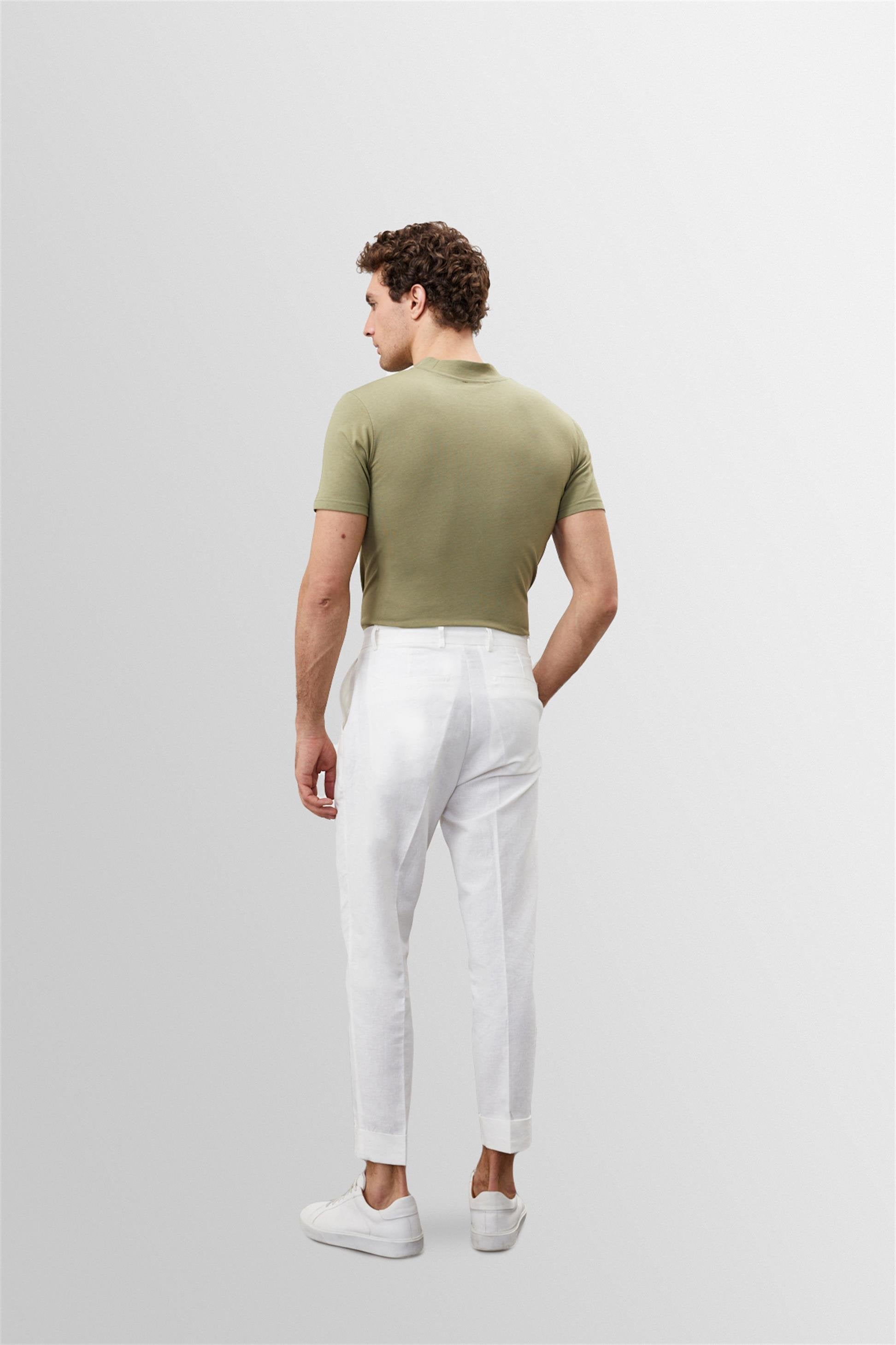 Antioch-Beyaz Beli Bağlamalı Yüksek Bel %100 Keten Erkek Pantolon-Kumaş Pantolon-6-Milagron.com