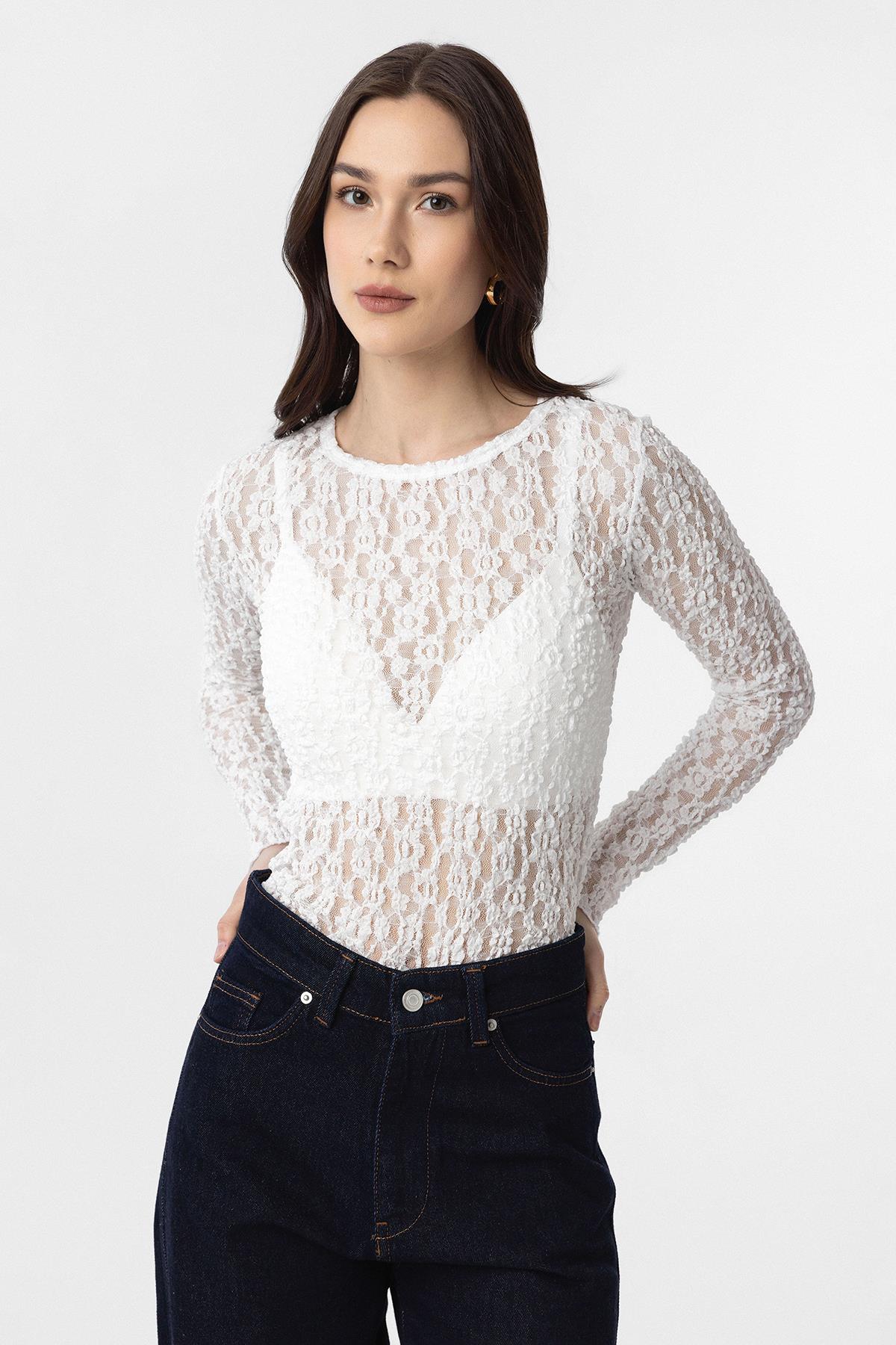 Antioch-Beyaz Dantel Transparan Kadın Top-Top-1-Milagron.com