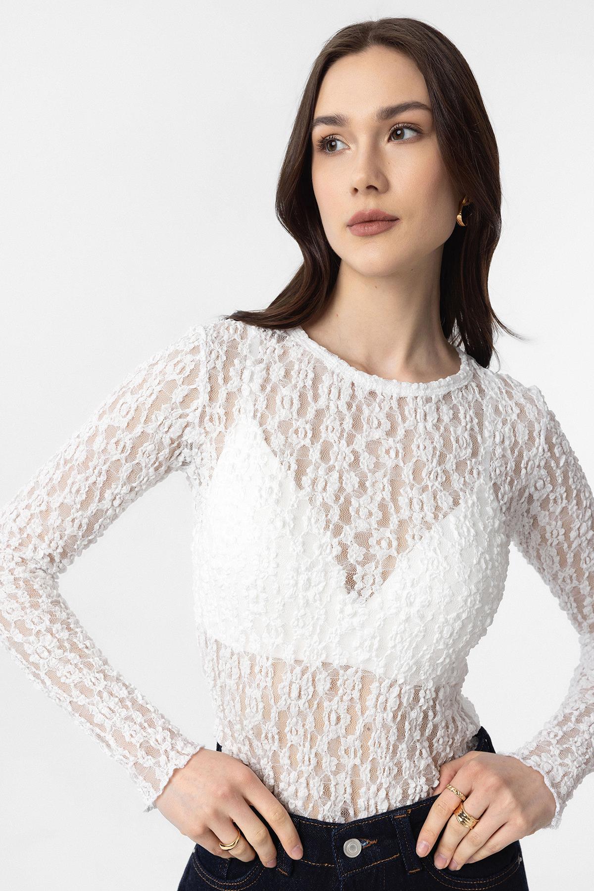Antioch-Beyaz Dantel Transparan Kadın Top-Top-3-Milagron.com