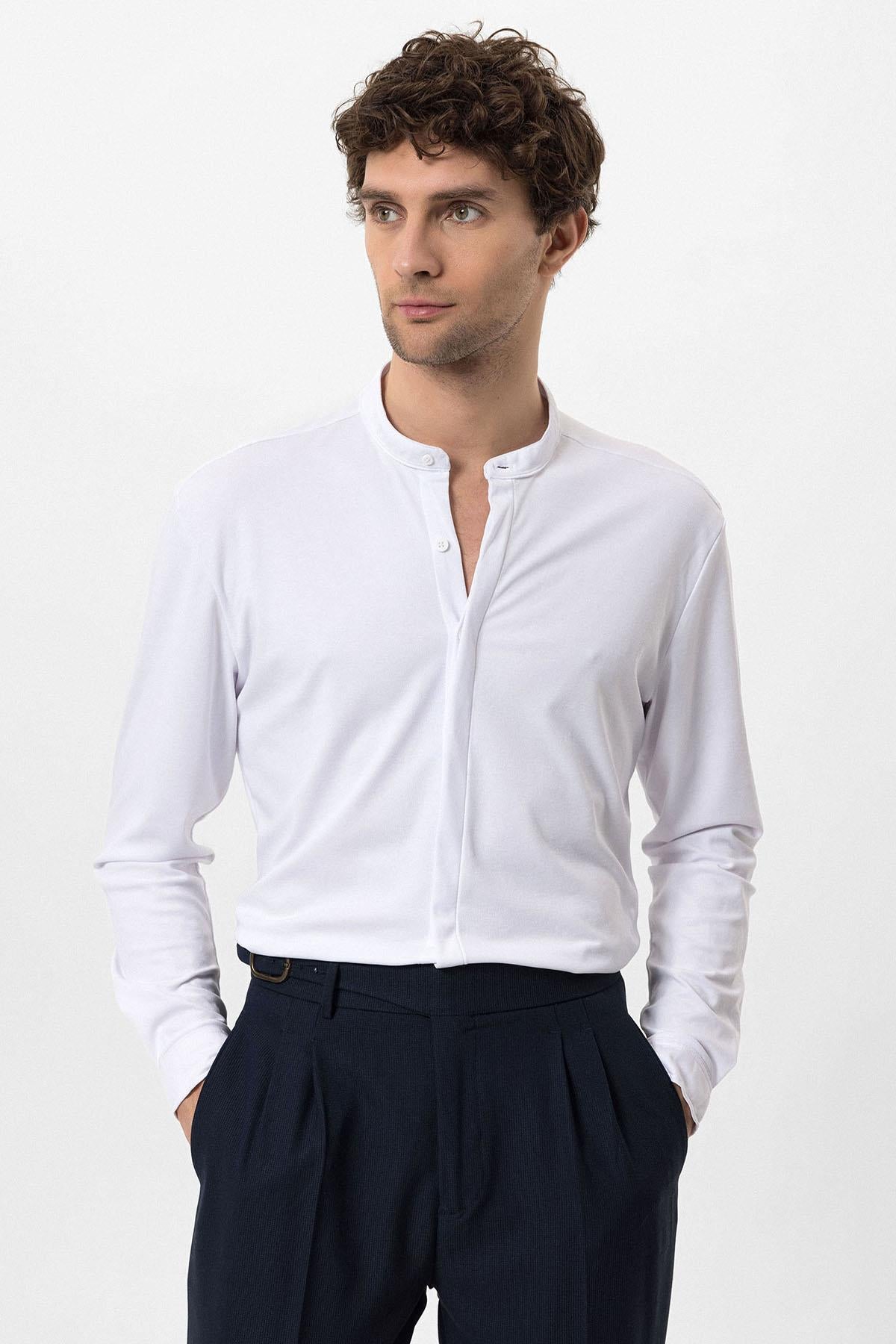 Antioch-Beyaz Erkek Hakim Yaka Gizli Düğme Uzun Kollu Slim Fit Gömlek-Gömlek-2-Milagron.com