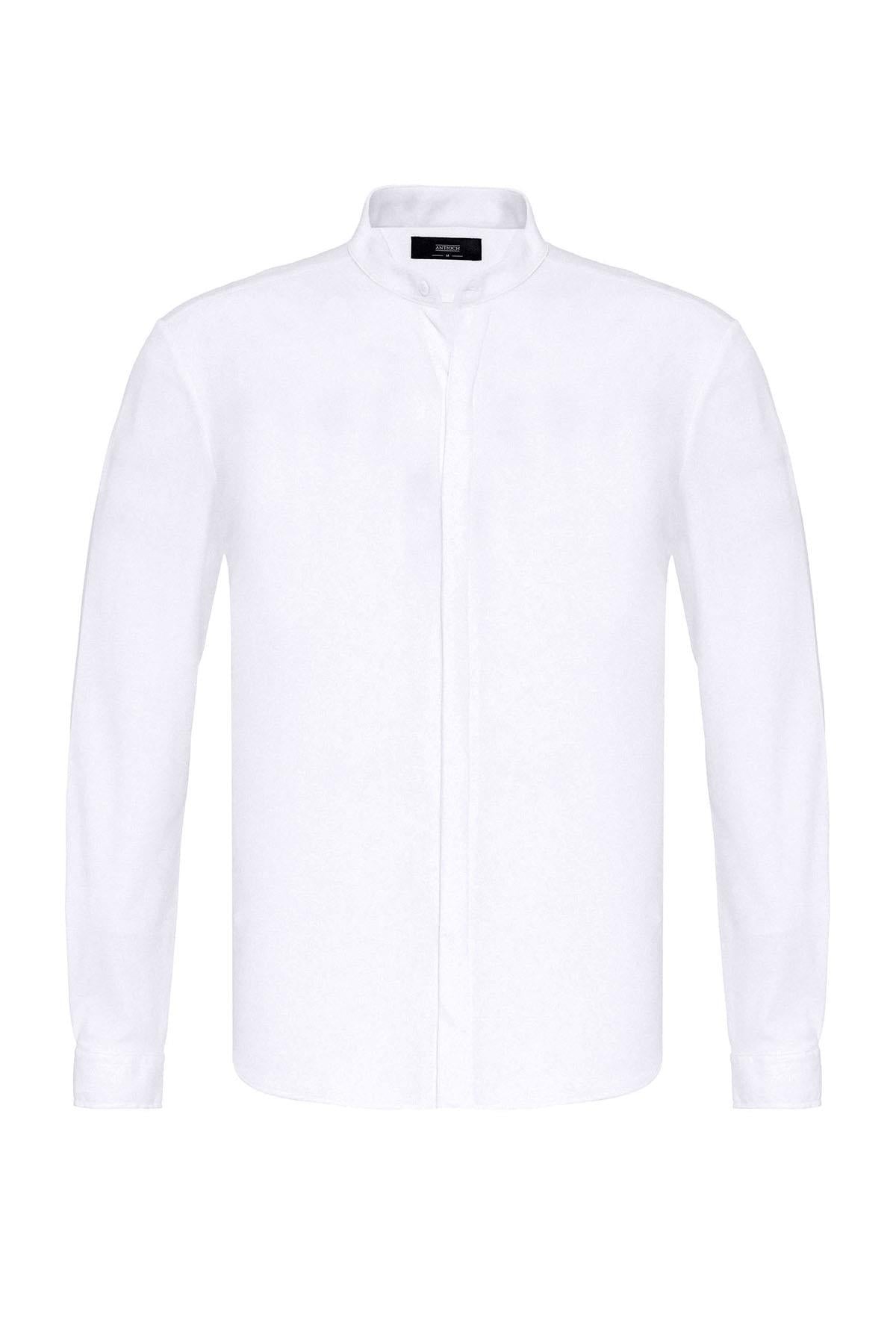 Antioch-Beyaz Erkek Hakim Yaka Gizli Düğme Uzun Kollu Slim Fit Gömlek-Gömlek-7-Milagron.com