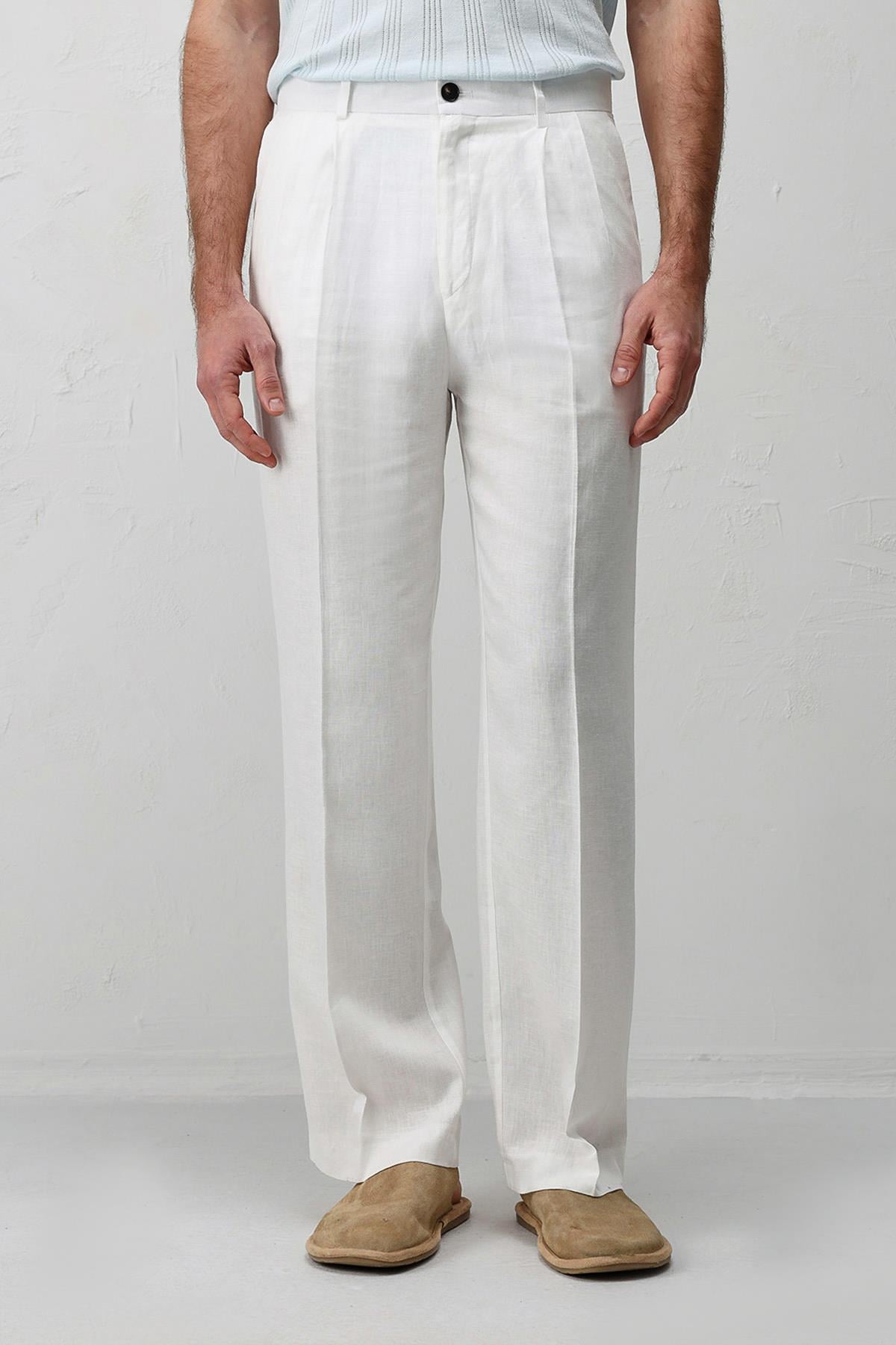 Antioch Beyaz Keten Karışımlı Erkek Baggy Pantolon